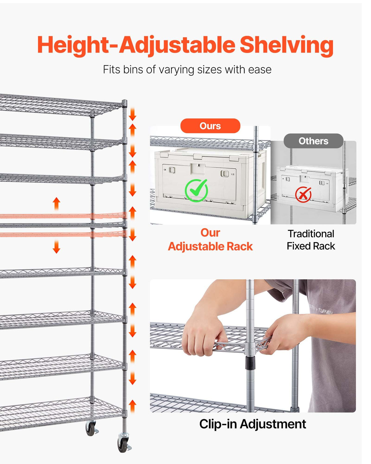 VEVOR 8-Tier Rolling Bin Storage Rack, 26 Organizer Bins, Bin Rack Storage Steel Wire Shelving System with Wheels, Mobile Tool Organizer for Garage, Warehouse, Office, Restaurant, Classroom, Kitchen
