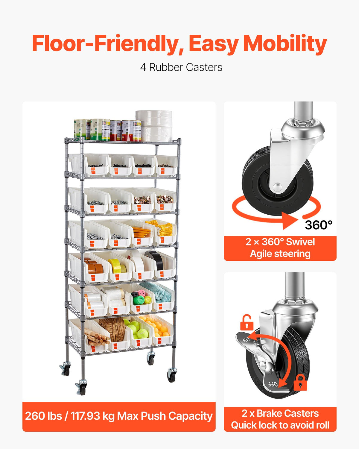 VEVOR 7-Tier Rolling Bin Storage Rack, 24 Small Bins, Bin Rack Storage Steel Wire Shelving System with Wheels, Mobile Tool Organizer for Garage, Warehouse, Office, Restaurant, Classroom, Kitchen