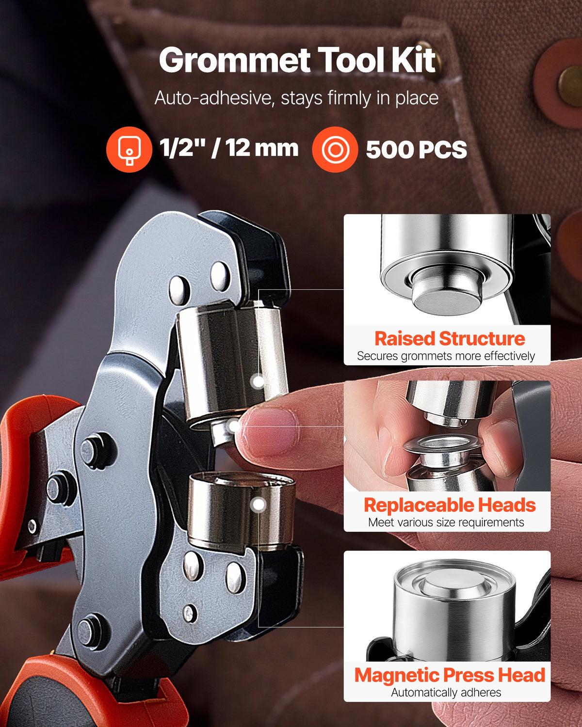 VEVOR Grommet Tool Kit 12 mm Eyelet Tool Kit with 500 PCS Silver Grommets, with Eyelets and Washers, Manual Grommet Press Pliers, Hole Punch, and Block, for Leather, Tarps, Shoes, Crafts, and Fabric