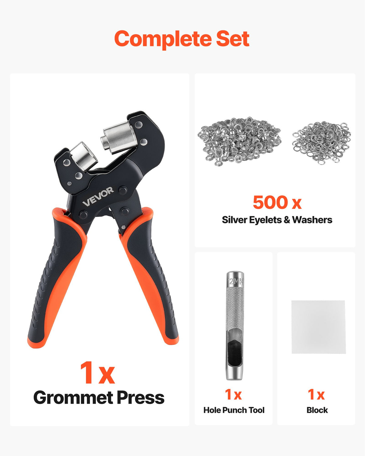 VEVOR Grommet Tool Kit 12 mm Eyelet Tool Kit with 500 PCS Silver Grommets, with Eyelets and Washers, Manual Grommet Press Pliers, Hole Punch, and Block, for Leather, Tarps, Shoes, Crafts, and Fabric