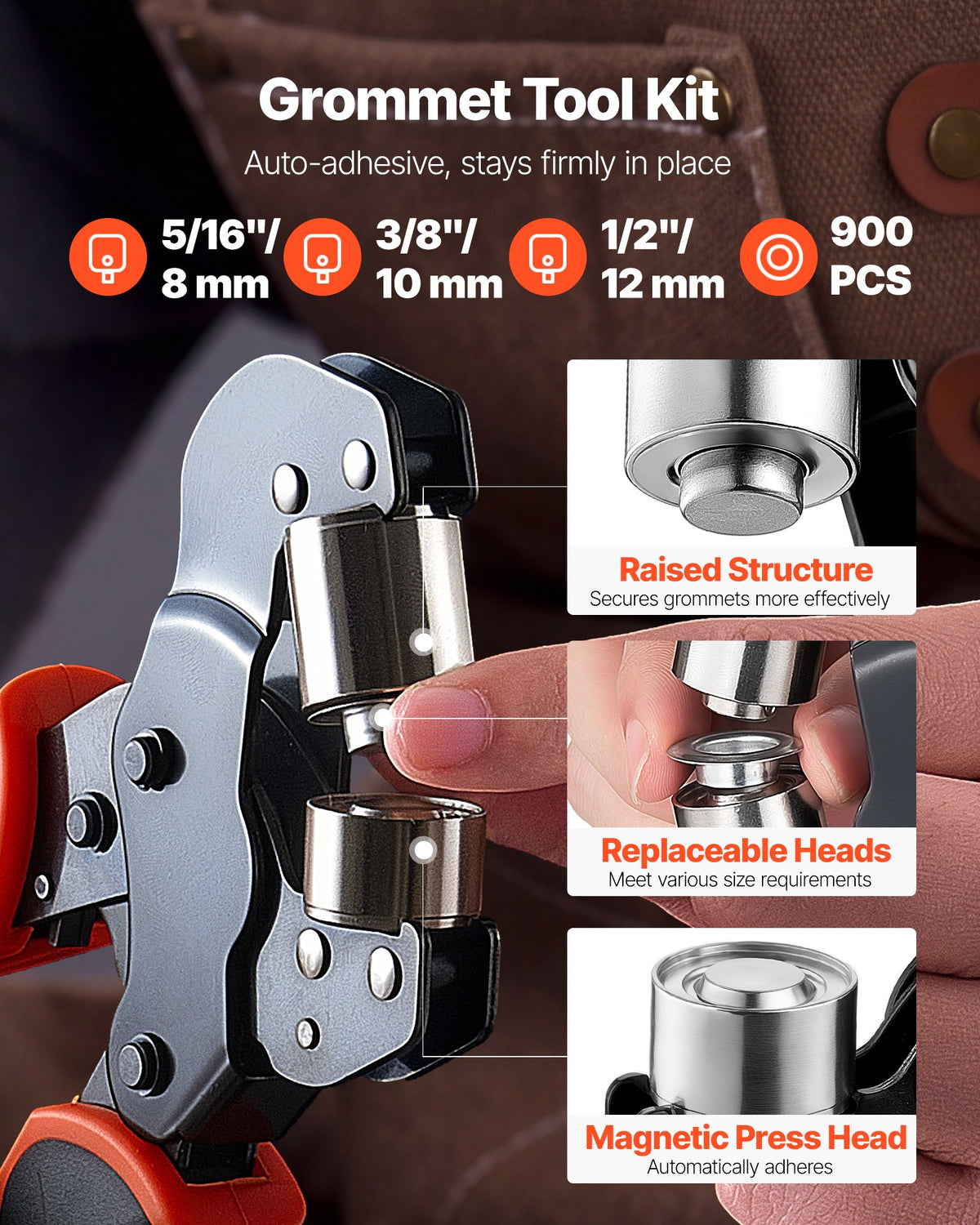VEVOR Grommet Tool Kit 8 mm 10 mm 12 mm 900 PCS Grommets Eyelet Tool Kit, with Eyelets and Washers, Manual Grommet Press Pliers, Hole Punch Tools, Blocks, for Leather, Tarps, Shoes, Crafts, Fabric