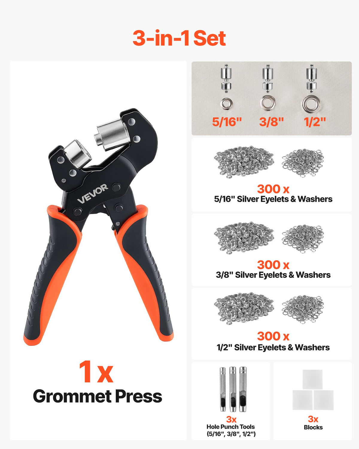 VEVOR Grommet Tool Kit 8 mm 10 mm 12 mm 900 PCS Grommets Eyelet Tool Kit, with Eyelets and Washers, Manual Grommet Press Pliers, Hole Punch Tools, Blocks, for Leather, Tarps, Shoes, Crafts, Fabric