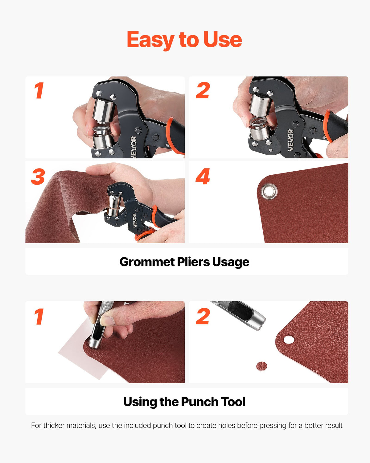 VEVOR Grommet Tool Kit 8 mm 10 mm 12 mm 900 PCS Grommets Eyelet Tool Kit, with Eyelets and Washers, Manual Grommet Press Pliers, Hole Punch Tools, Blocks, for Leather, Tarps, Shoes, Crafts, Fabric