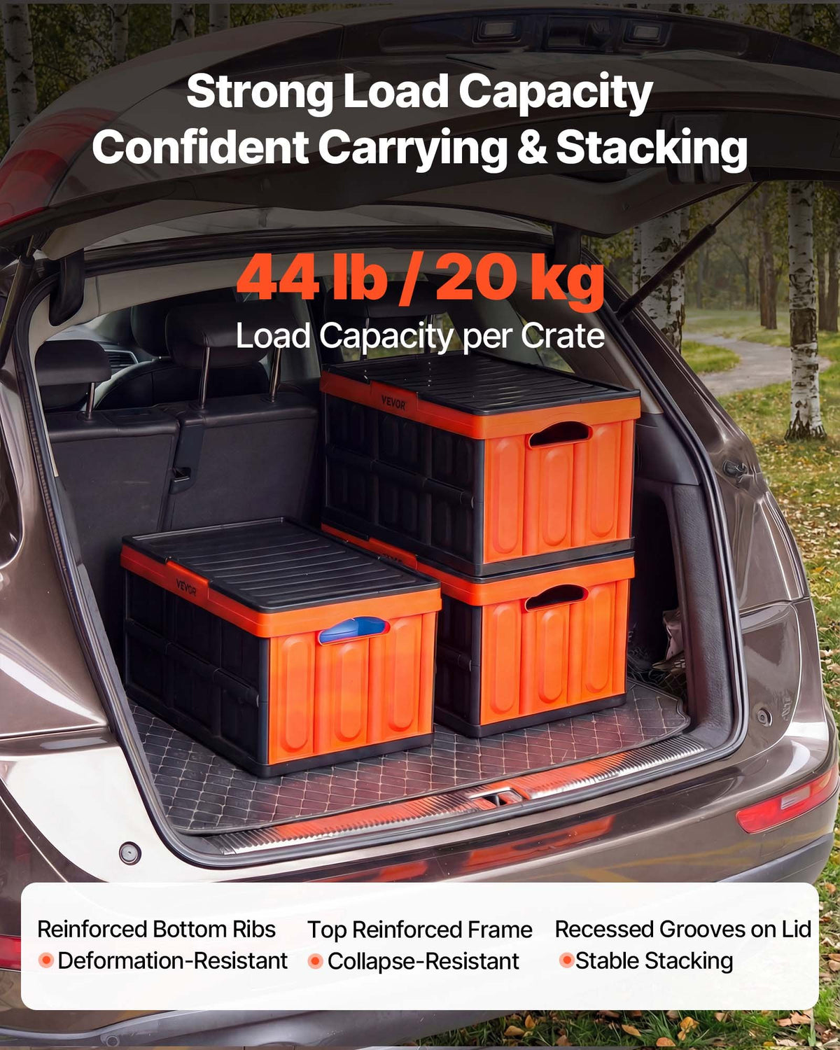 VEVOR Plastic Collapsible Storage Bins with Lids, 45L 3Packs, Stackable Folding Storage Crates with Handles, Holds 20 kg Per Bin, Heavy Duty Containers, Space-Saving Baskets, for Home Organizing