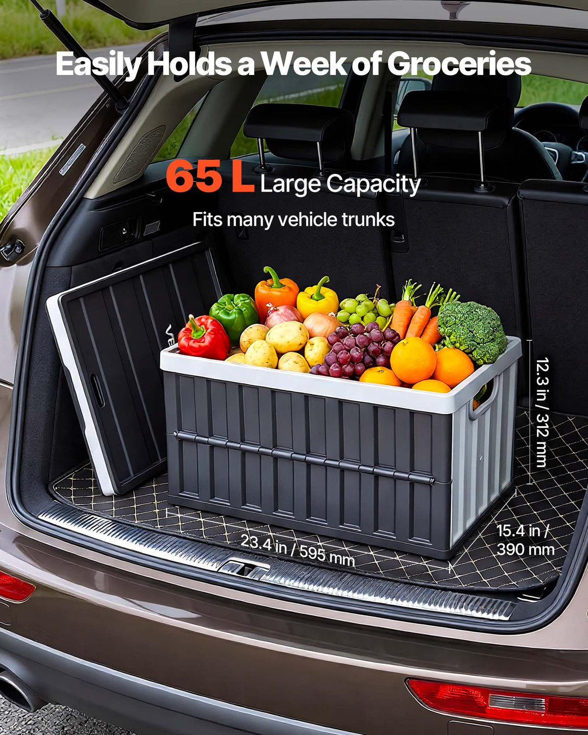 VEVOR Plastic Collapsible Storage Bins with Lids, 65L 3 Packs, Stackable Folding Storage Crates with Handles, Holds 38 kg Per Bin, Heavy Duty Containers, Space-Saving Baskets, for Home Organizing
