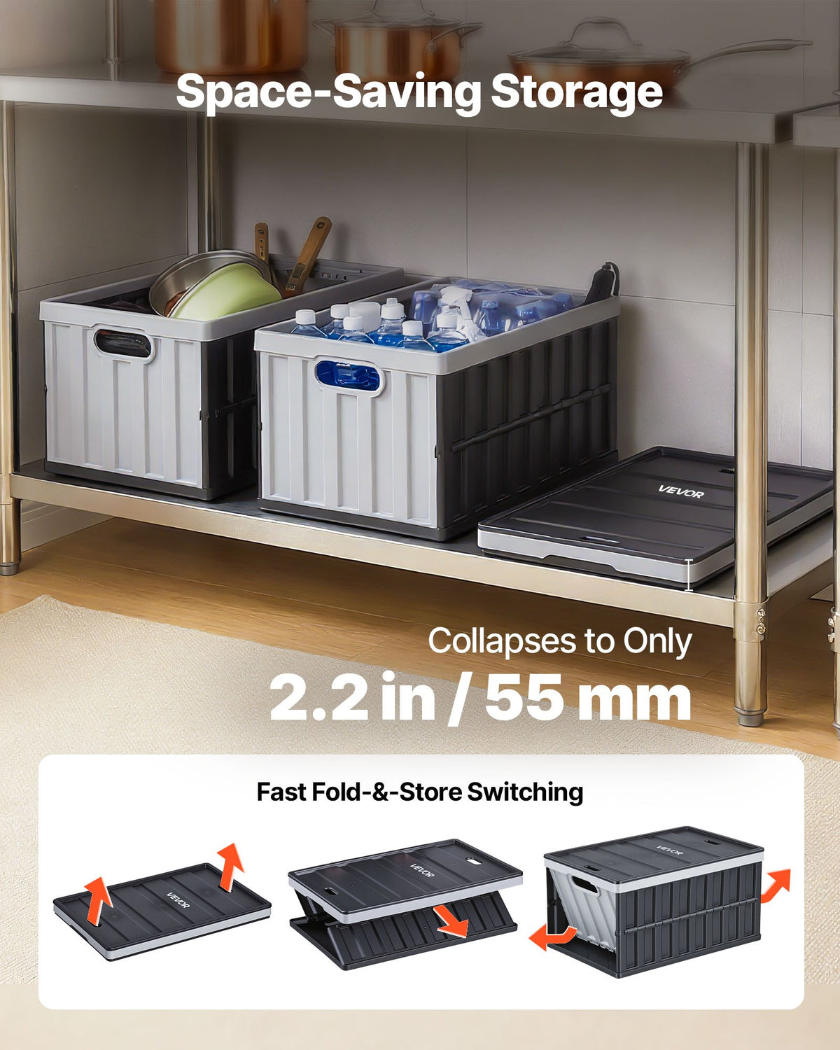 VEVOR Plastic Collapsible Storage Bins with Lids, 65L 3 Packs, Stackable Folding Storage Crates with Handles, Holds 38 kg Per Bin, Heavy Duty Containers, Space-Saving Baskets, for Home Organizing
