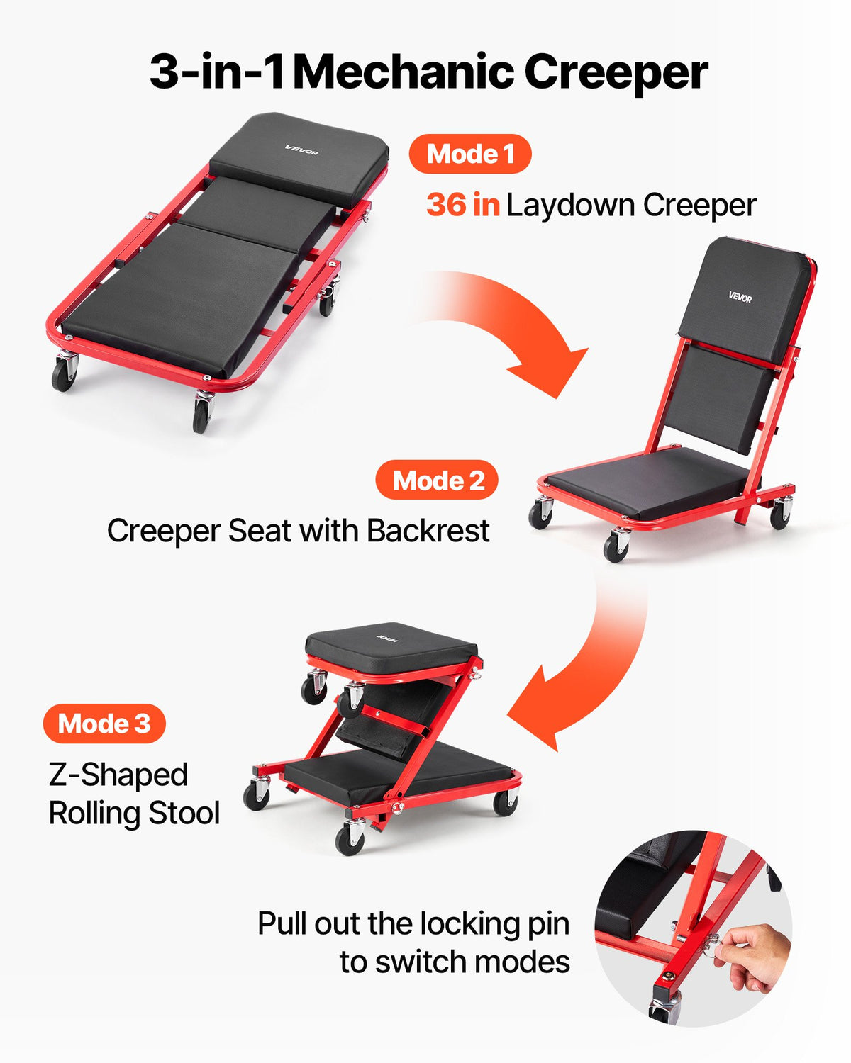 VEVOR 920mm 3-in-1 Folding Mechanic Creeper, Z-Creeper Garage Roller, 150kg Under Car Rolling Creeper with 6 Swivel Casters, Padded Headrest, Lay Down or Sit for Auto Repair
