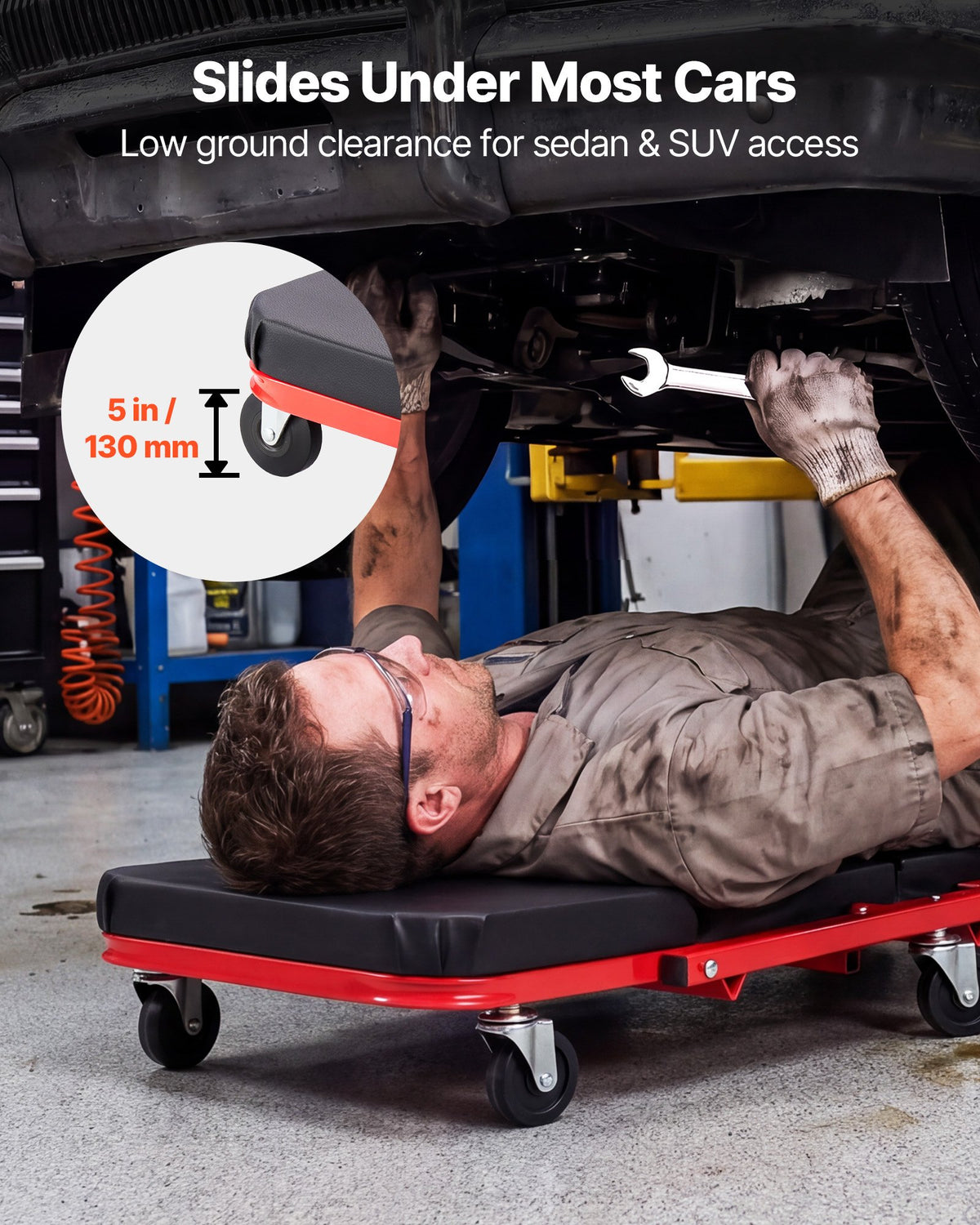 VEVOR 1010mm 2-in-1 Folding Mechanic Creeper, Z Creeper Seat & Under Car Garage Roller, 204 kg Rolling Creeper Stool with 6 Swivel Casters, Padded Headrest for Auto Repair