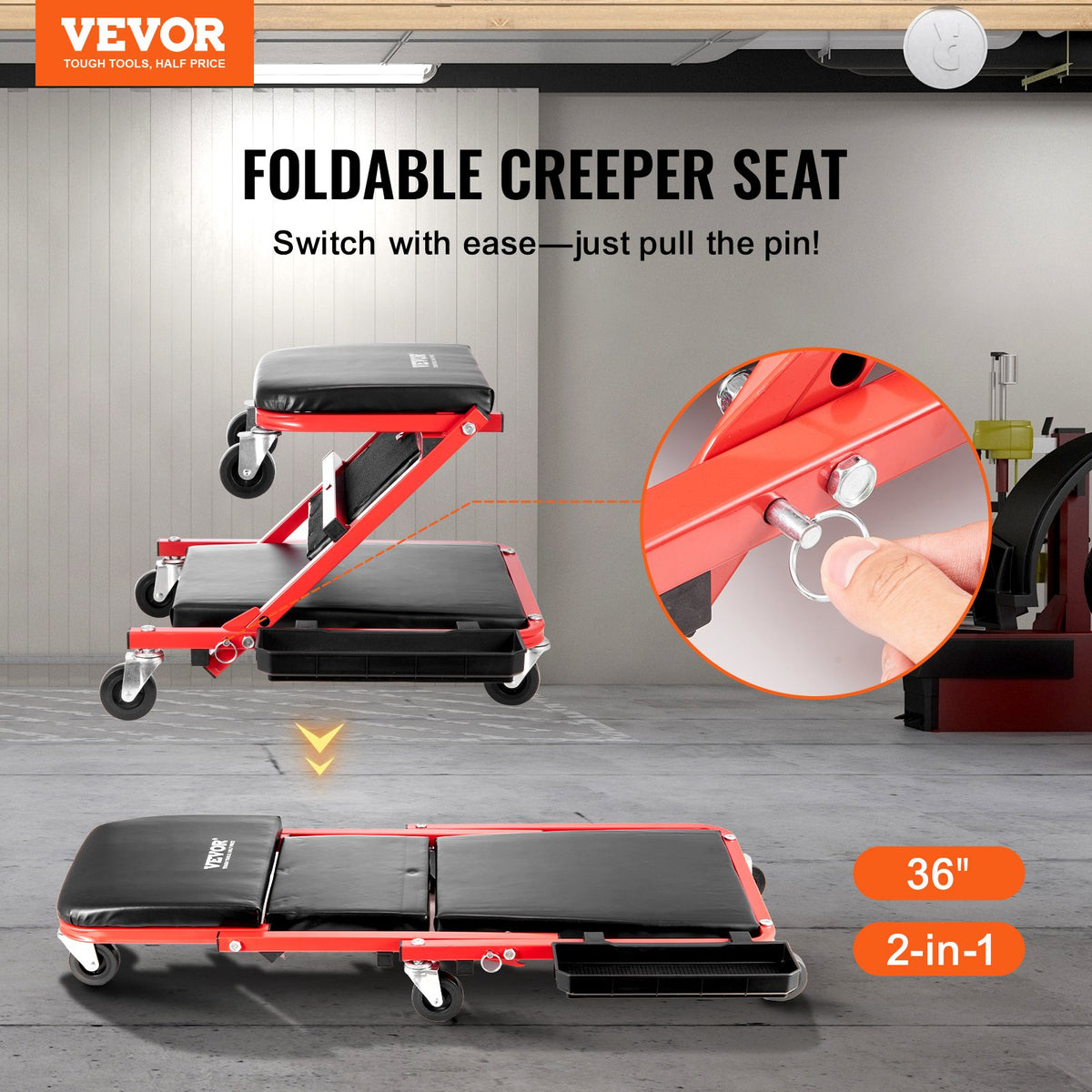 VEVOR 91.4 cm Foldable Z Garage Creeper Mechanic Creeper Stool 136.1 kg Capacity