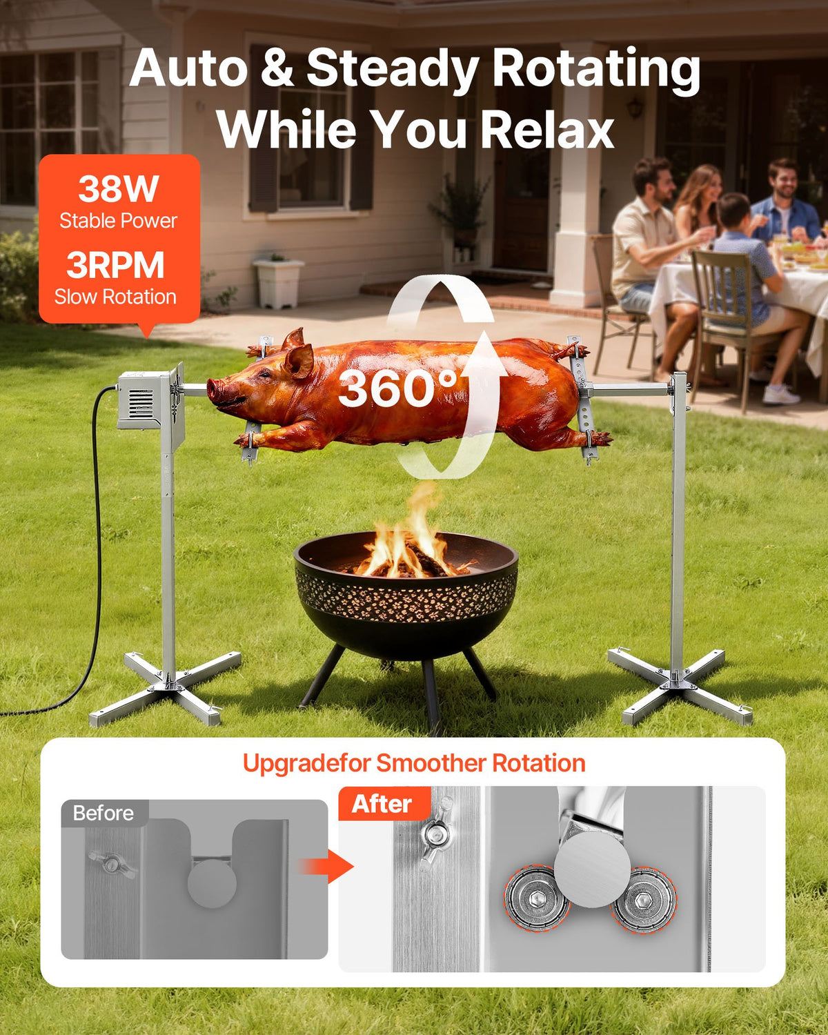 VEVOR Rotisserie Grill 8 Level Height Electric Rotisserie Grill Kit, BBQ Grills Rotisseries Kit with 132 lbs Load Capacity, 38W Motor, Stainless Steel Automatic Grilling Kits for Parties