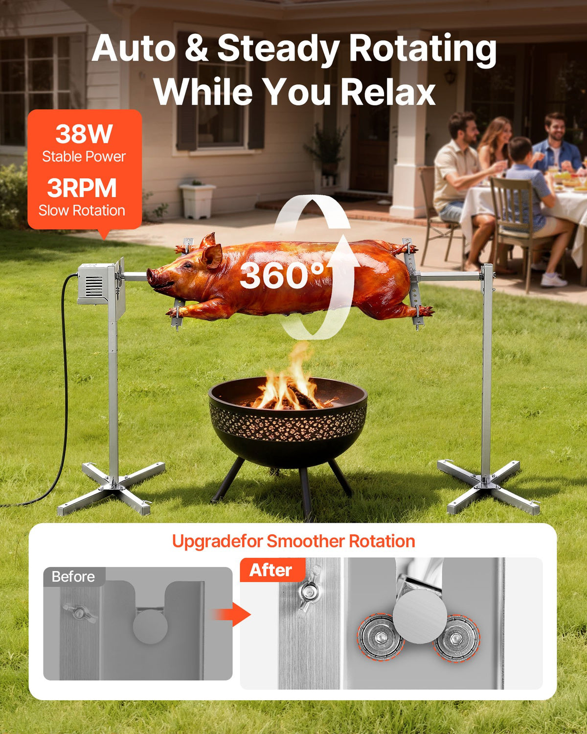 VEVOR Rotisserie Grill 8 Level Height Electric Rotisserie Grill Kit, BBQ Grills Rotisseries Kit with 132 lbs Load Capacity, 38W Motor, Stainless Steel Automatic Grilling Kits for Parties