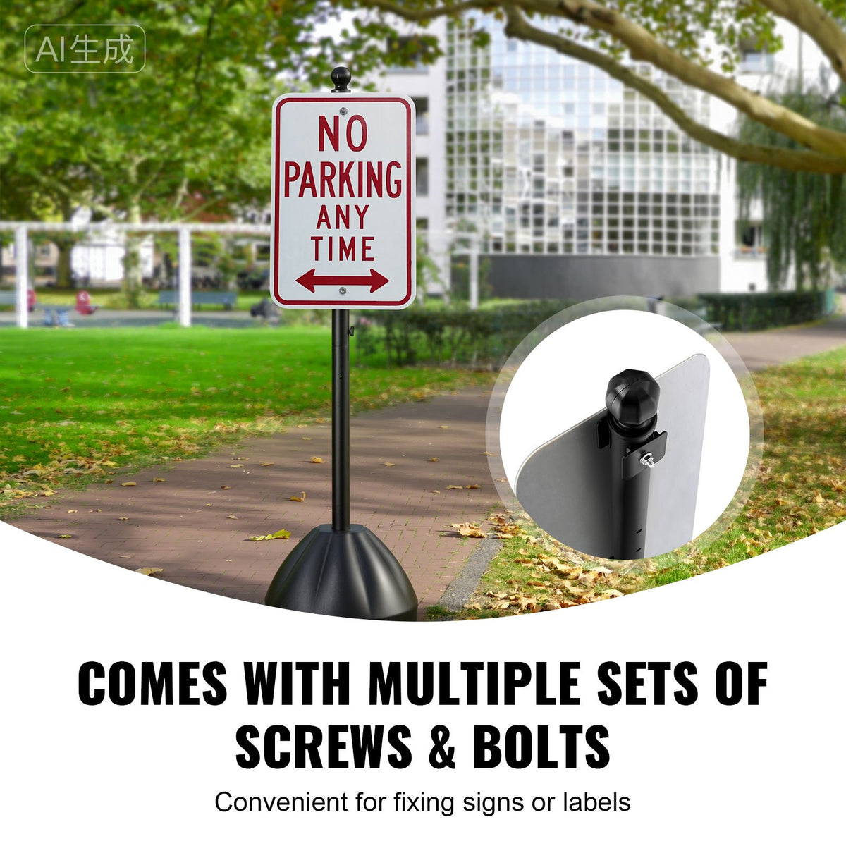 VEVOR Portable Sign Post, 5 ft Cast Iron Sign Post Holder with Hard Plastic Base & Wheels,  Movable Parking Sign Stand for No Parking Street Signs, Handicap Parking Sign,  with Base, Bolts Nuts, Black
