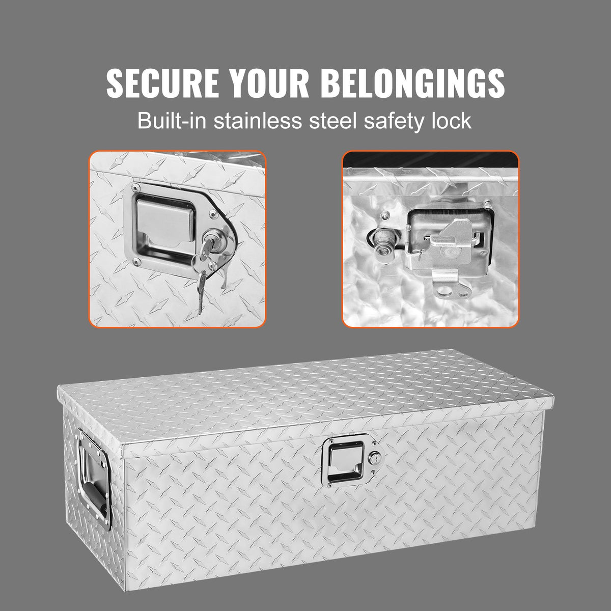 VEVOR Heavy Duty Aluminum Truck Bed Tool Box, Diamond Plate Tool Box with Side Handle and Lock Keys, Storage Tool Box Chest Box Organizer for Pickup, Truck Bed, RV, Trailer, 76.2x33x24.4 cm, Silver