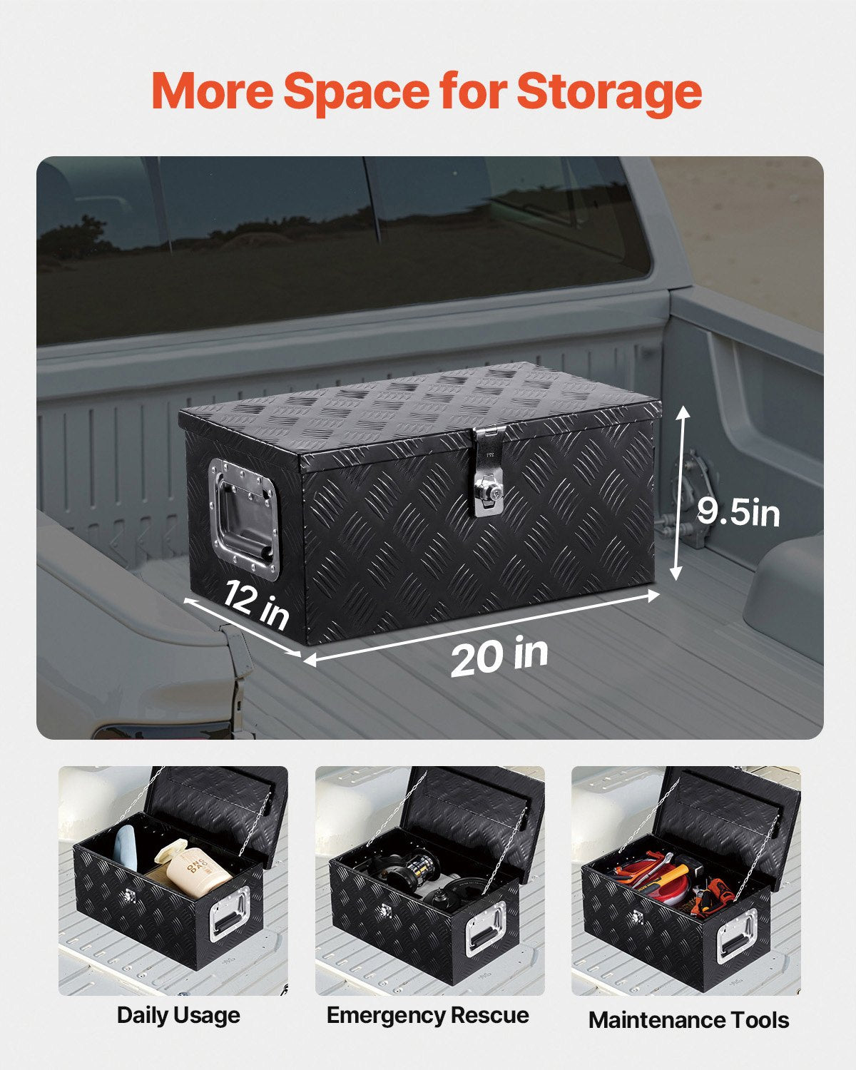 VEVOR Heavy Duty Aluminum Truck Bed Tool Box, Stripes Plated Tool Box with Side Handle and Lock Keys, Storage Toolbox Chest Organizer for Trailer, Pickup, RV, 20"x12"x9.5"(508x304.8x241.3mm), Black