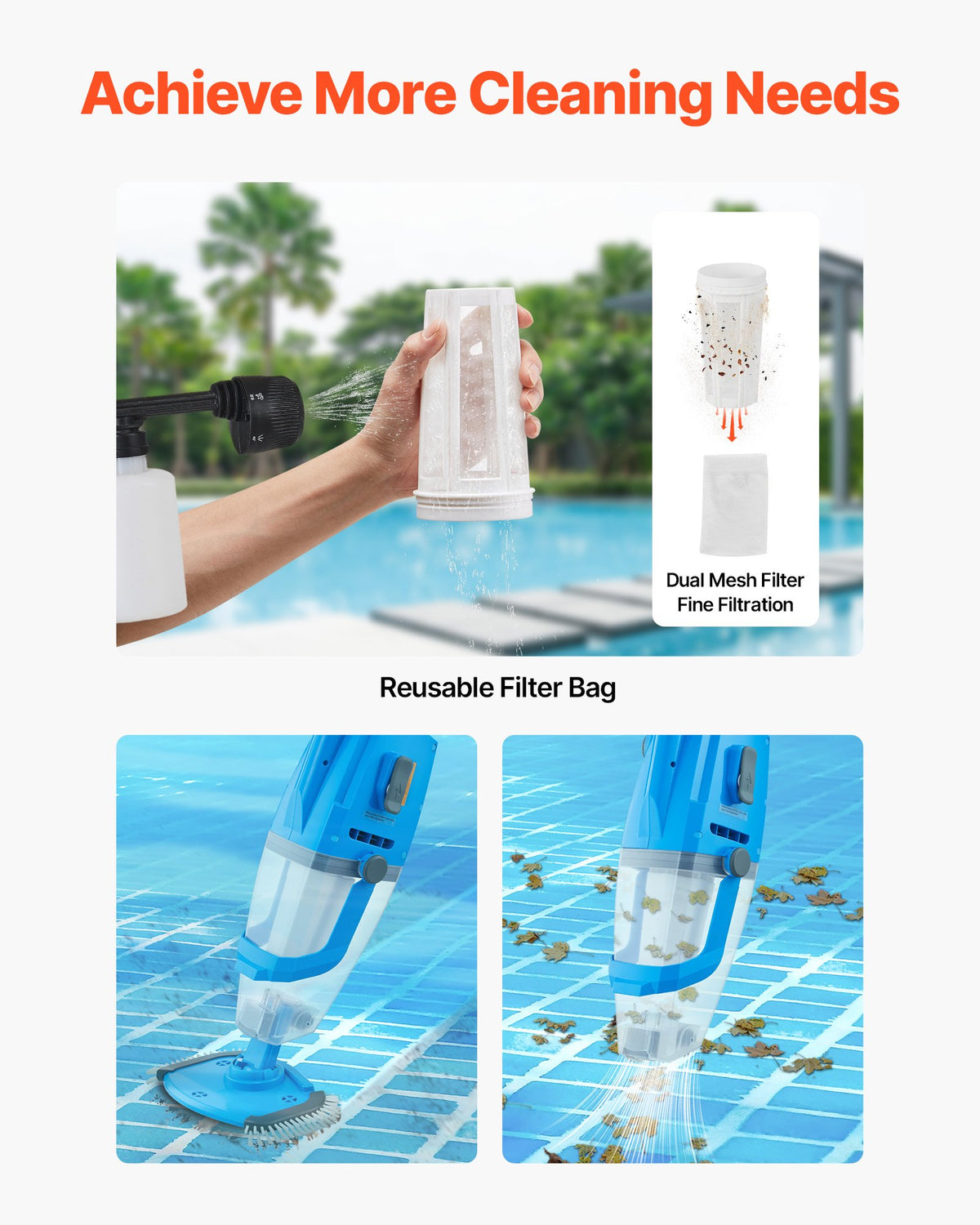 VEVOR Pool Vacuum, 26 GPM Handheld Cordless Hot Tub Vacuum with Extension Pole, for Deep Cleaning & Strong Suction, Rechargeable Pool Cleaner, Running up to 1Hour, for Above Ground/Inground Pool Spas
