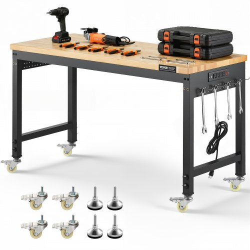 VEVOR 1219 mm Adjustable Workbench, 907 kg Load, Work Bench with Power Outlet, Wheels, and Pegboard, Heavy Duty Oak Wood Top Work Table for Garage, Workshop, Office, and Home