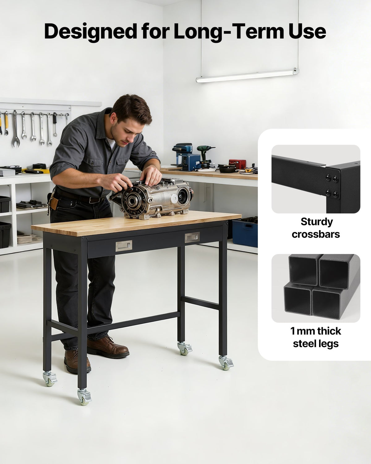 VEVOR 1220 mm Workbench, 680 kg Load Capacity, Garage Workbench with Drawer Storage & Wheels, Workshop Bench on Wheels, Heavy Duty Oak Wood Top Work Table for Garage, Workshop, Office, and Home