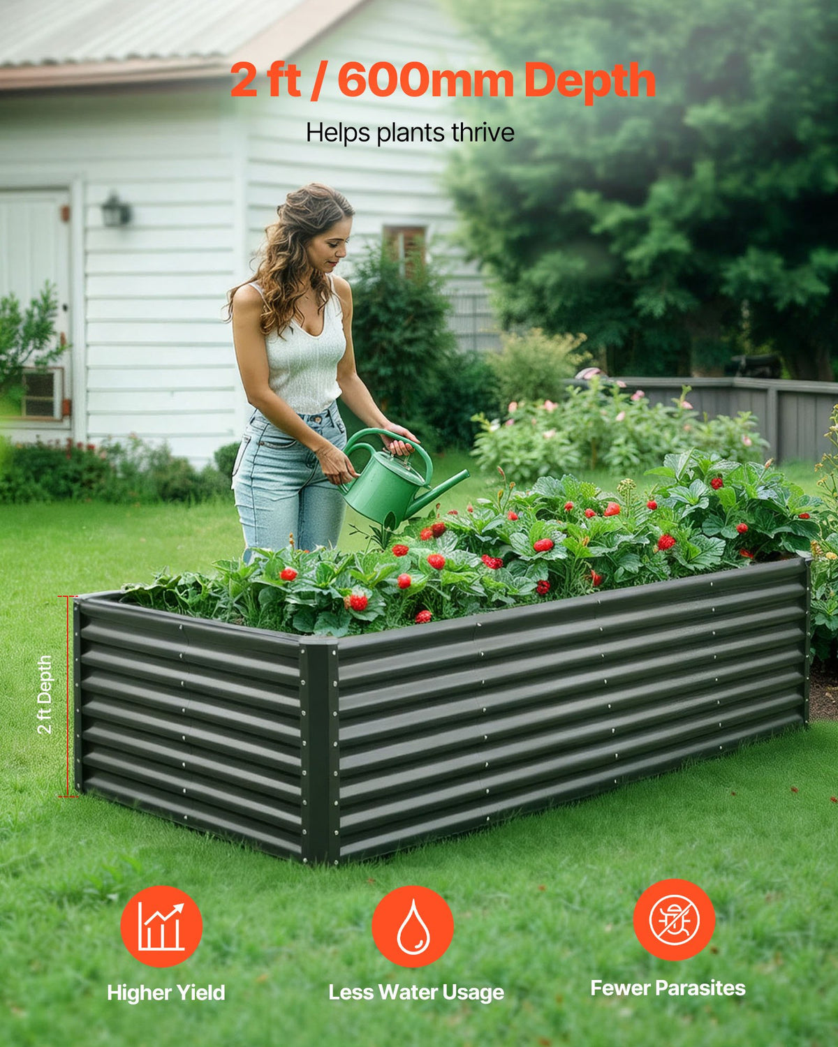 VEVOR Metal Raised Garden Bed, 2.4 x 1.2 x 0.6 m Outdoor Galvanized Planter Garden Box, Open Bottom Design, Large Planter Raised Bed for Growing Vegetables, Flowers, Herbs, and Succulents, Dark Gray