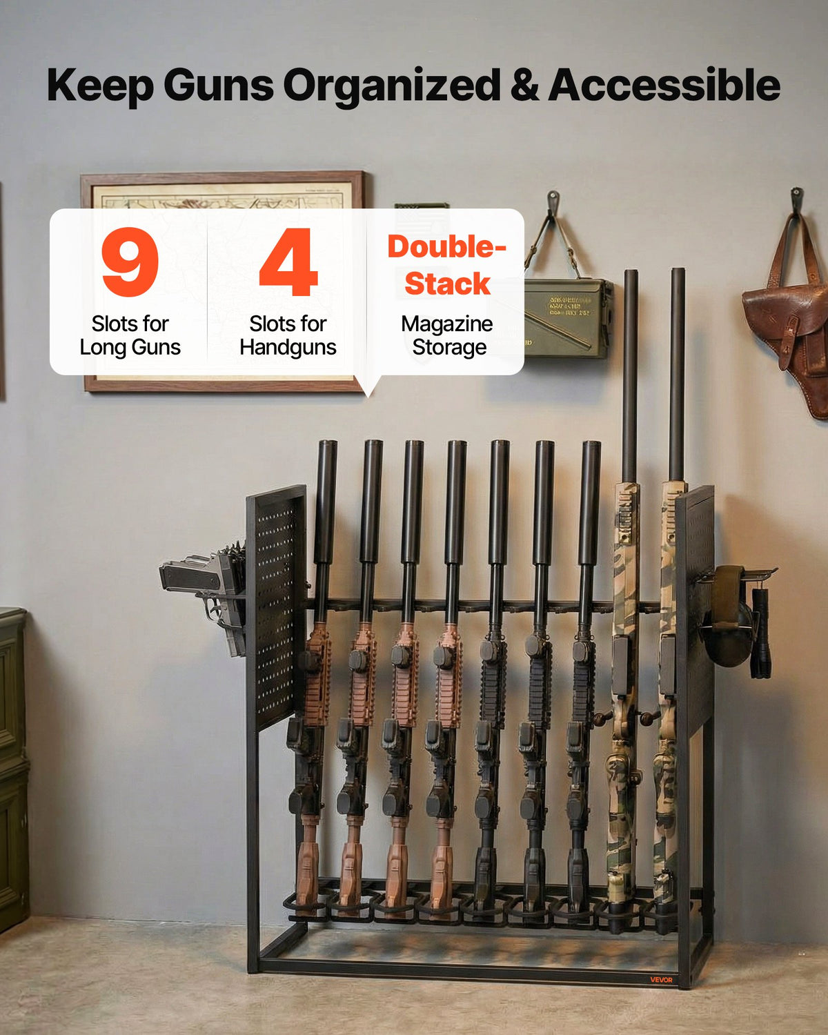 VEVOR Gun Rack, Floor Standing, Indoor Heavy Duty Steel Rifle Shotgun Rack Stand, Freestanding Gun Display Storage with Magazine Holder, Holds up to 9 Rifles and 4 Pistols, for Home Garage Storage