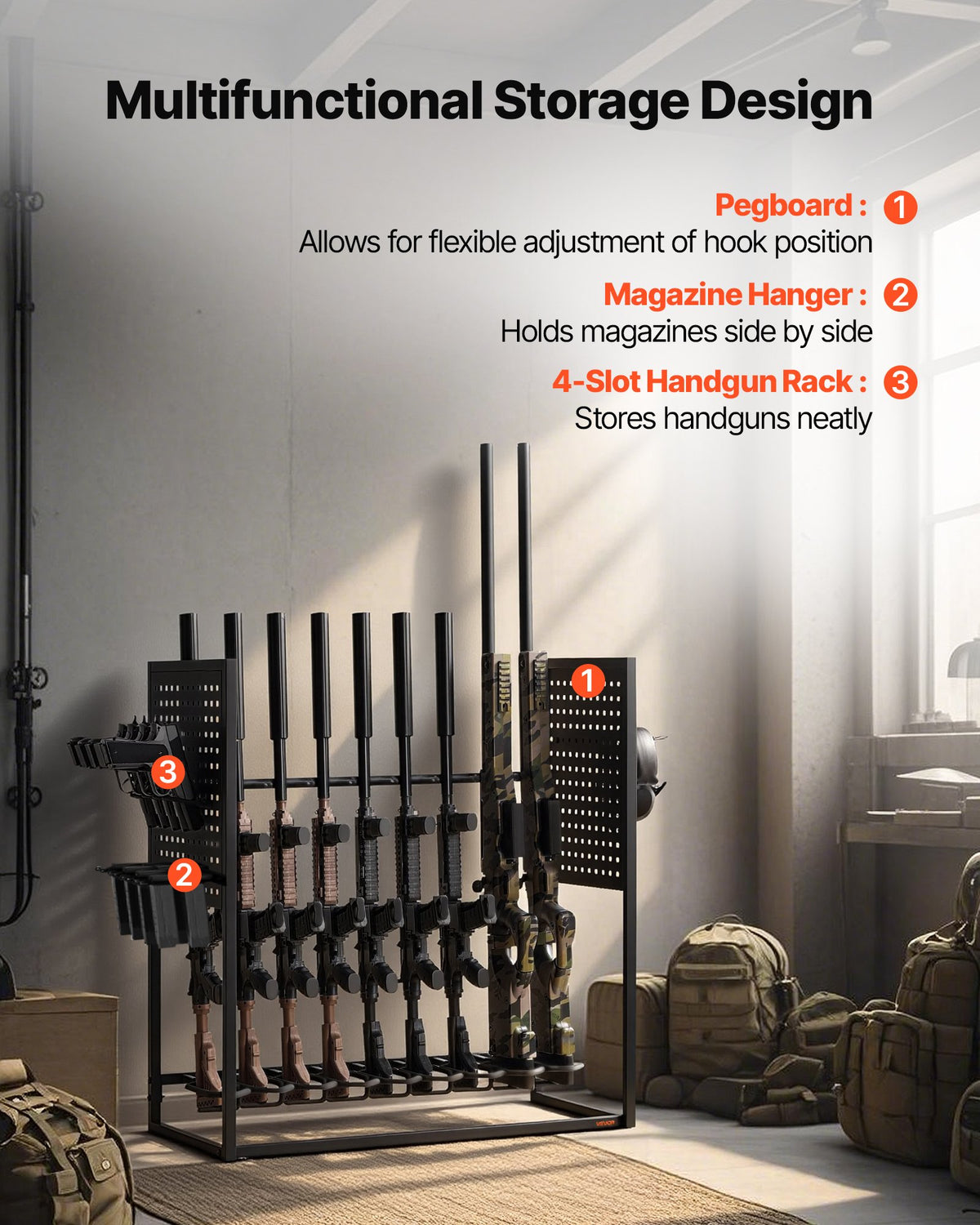 VEVOR Gun Rack, Floor Standing, Indoor Heavy Duty Steel Rifle Shotgun Rack Stand, Freestanding Gun Display Storage with Magazine Holder, Holds up to 9 Rifles and 4 Pistols, for Home Garage Storage