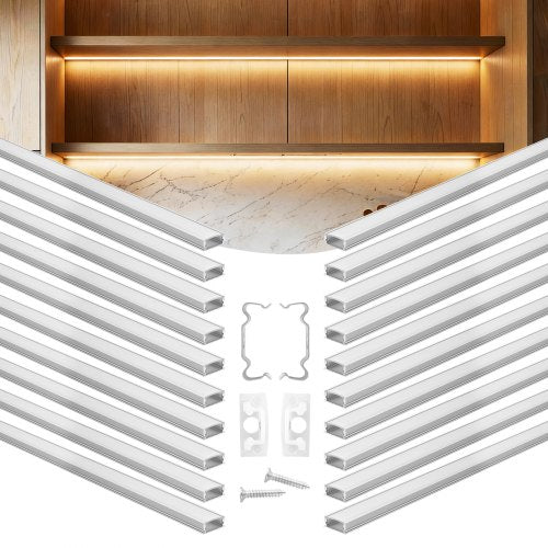 VEVOR 20-Pack 6.6 ft/2M U Shape LED Aluminum Channel, with Milky Cover, End Caps and Mounting Clips, Aluminum Profile for LED Strip Light Installations, Easy Installation, for Under Cabinet Counter