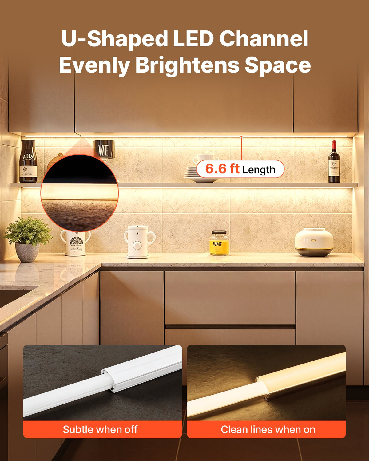 VEVOR 20-Pack 6.6 ft/2M U Shape LED Aluminum Channel, with Milky Cover, End Caps and Mounting Clips, Aluminum Profile for LED Strip Light Installations, Easy Installation, for Under Cabinet Counter