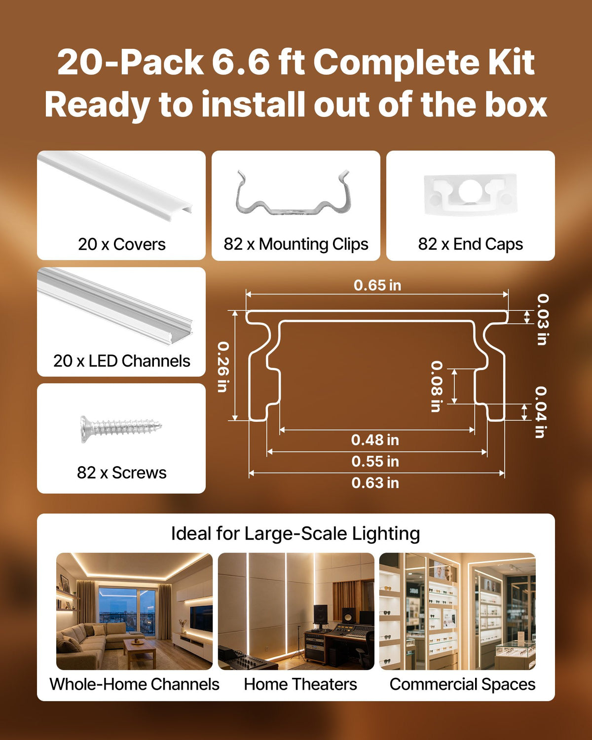 VEVOR 20-Pack 6.6 ft/2M U Shape LED Aluminum Channel, with Milky Cover, End Caps and Mounting Clips, Aluminum Profile for LED Strip Light Installations, Easy Installation, for Under Cabinet Counter