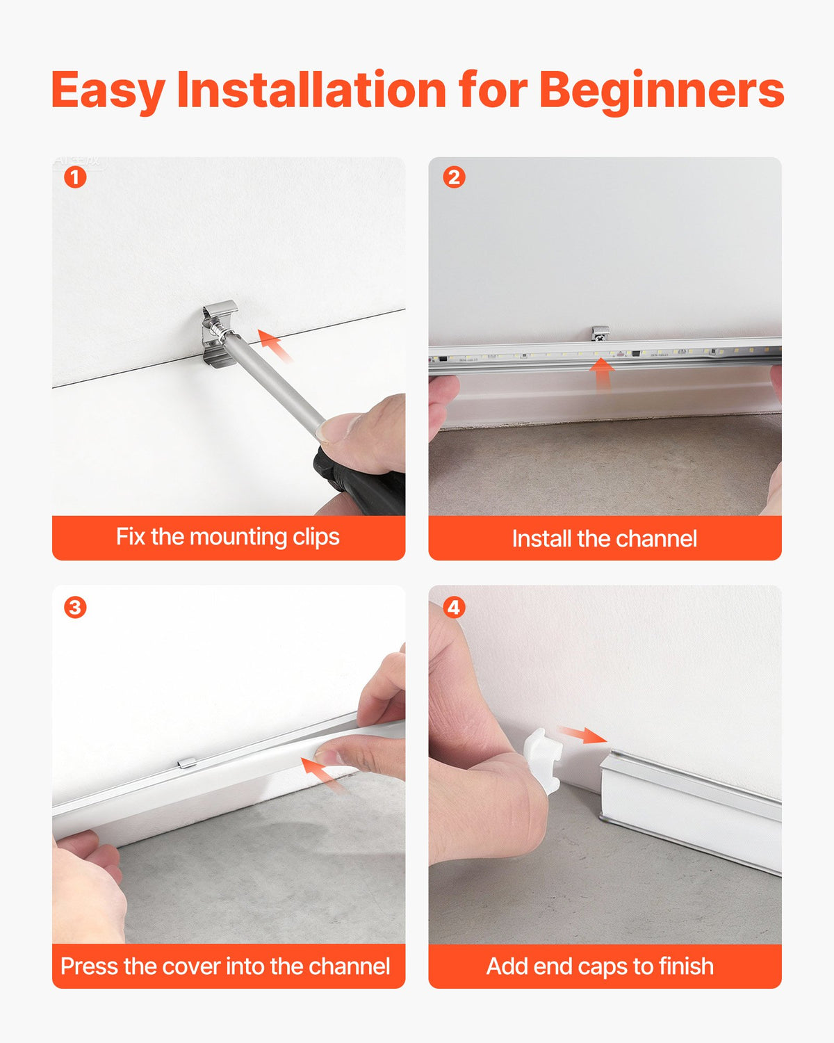 VEVOR 20-Pack 6.6 ft/2M U Shape LED Aluminum Channel, with Milky Cover, End Caps and Mounting Clips, Aluminum Profile for LED Strip Light Installations, Easy Installation, for Under Cabinet Counter