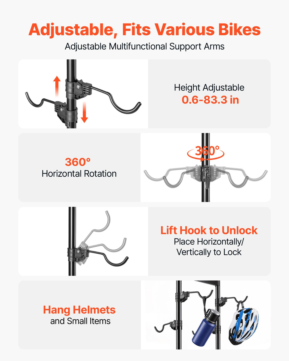 VEVOR Bike Stand for 4 Bikes, Freestanding Vertical Bike Storage Rack, with Height-Adjustable Hooks, Heavy-Duty Carbon Steel Garage Bicycle Floor Stand, Ideal for Garage, Apartment, Home, Black