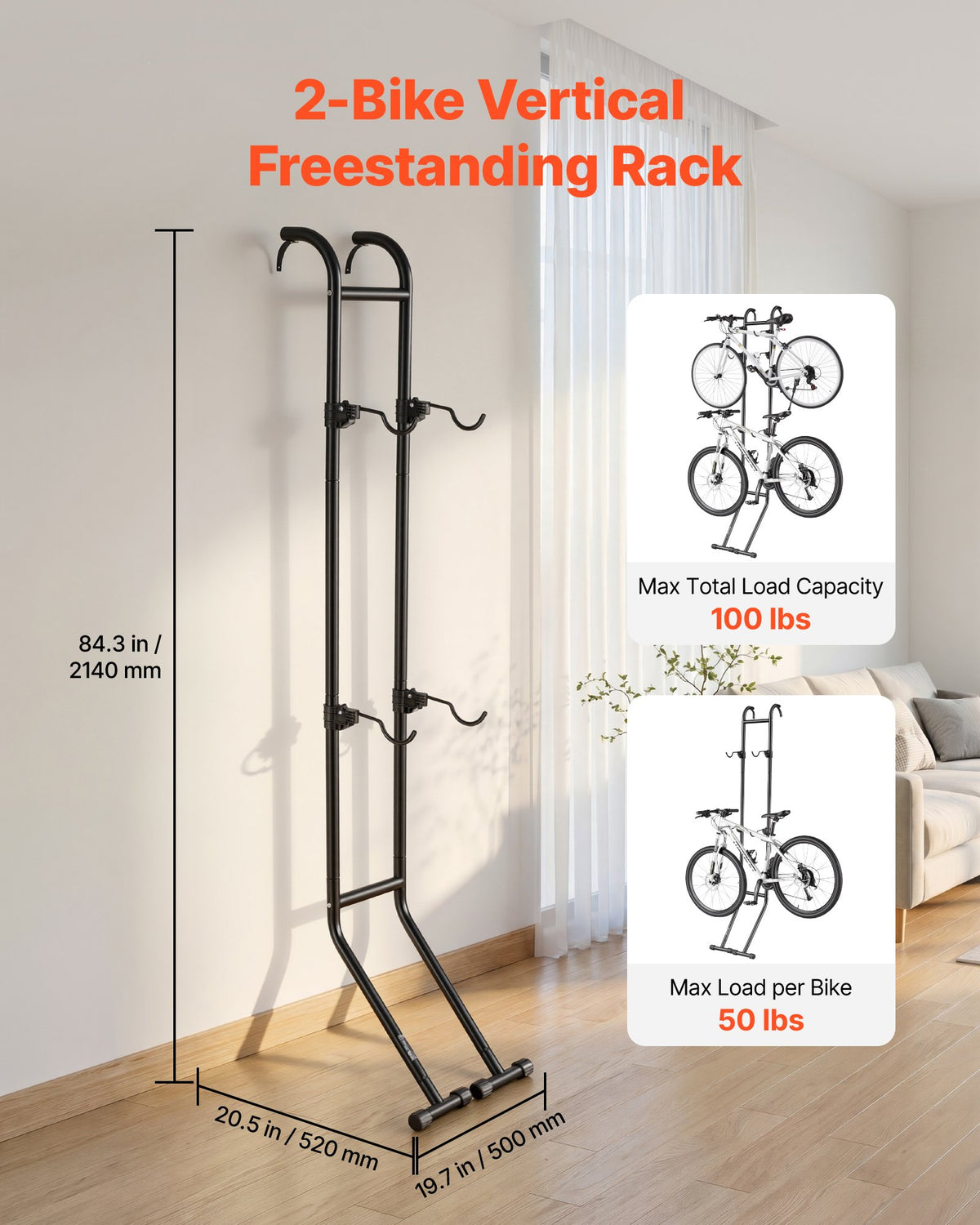 VEVOR Bike Stand for 2 Bikes, Freestanding Vertical Bike Storage Rack, with Height-Adjustable Hooks, Heavy-Duty Carbon Steel Standing Bicycle Floor Stand, Ideal for Garage, Apartment, Home, Black