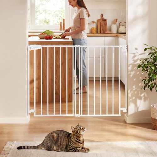 VEVOR Baby Gate for Stairs, 720-1085 mm Adjustable Width, 920 mm High Dog Gate, No Bottom Bar, One-Handed Operation, Easy Drilling Installation with Hardware Kit, for Stairs, Doorways, House, White
