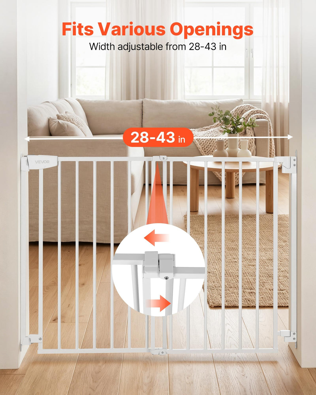 VEVOR Baby Gate for Stairs, 720-1085 mm Adjustable Width, 920 mm High Dog Gate, No Bottom Bar, One-Handed Operation, Easy Drilling Installation with Hardware Kit, for Stairs, Doorways, House, White