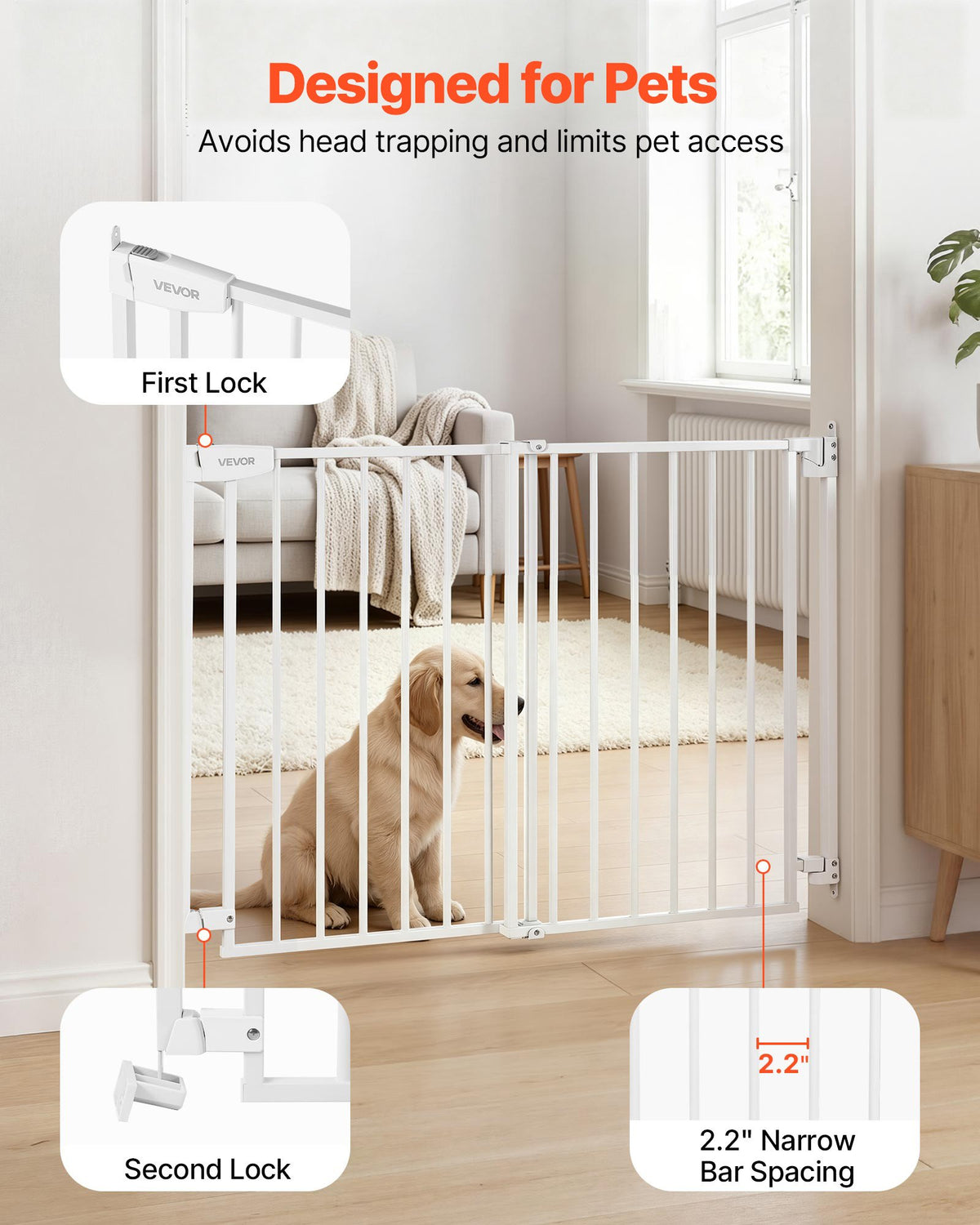 VEVOR Baby Gate for Stairs, 720-1085 mm Adjustable Width, 920 mm High Dog Gate, No Bottom Bar, One-Handed Operation, Easy Drilling Installation with Hardware Kit, for Stairs, Doorways, House, White