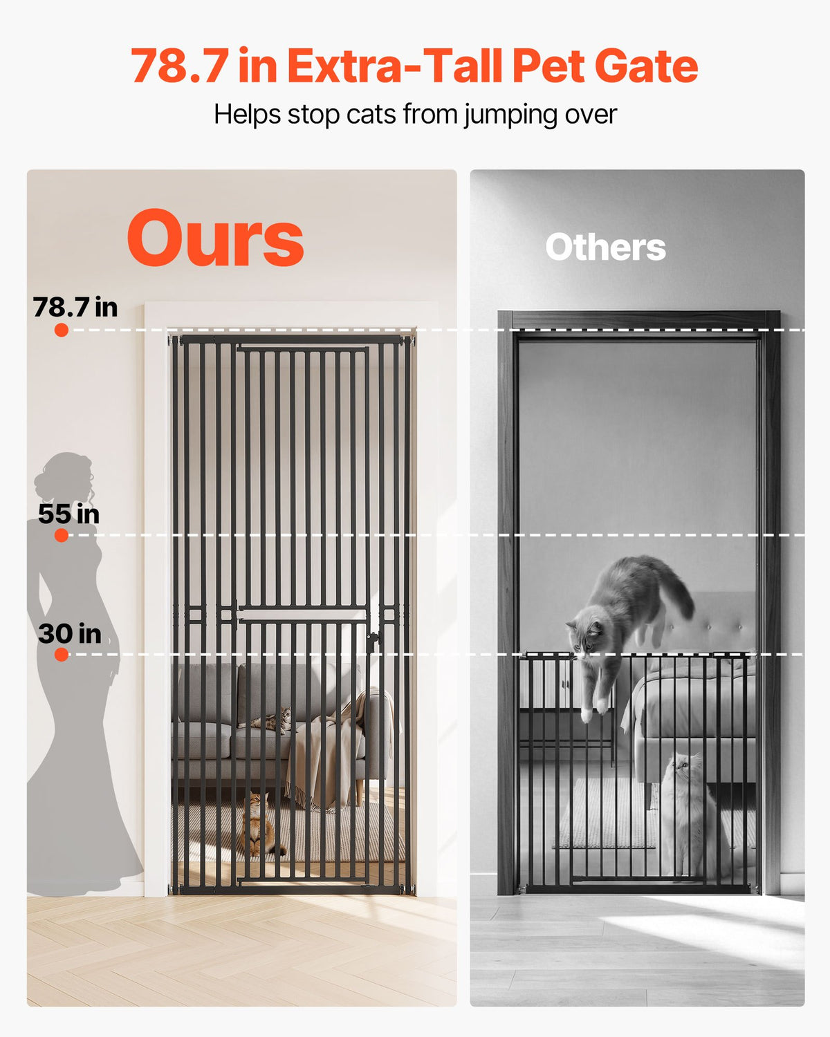 VEVOR Extra Tall Pet Gate for Cats, 700-860 mm Adjustable Width, 200 cm High Dog Gate, with Pressure Mount Kit and Wall Mount Kit, 30 mm Narrow Bar Spacing, for Stairs, Doorways, and House, Black