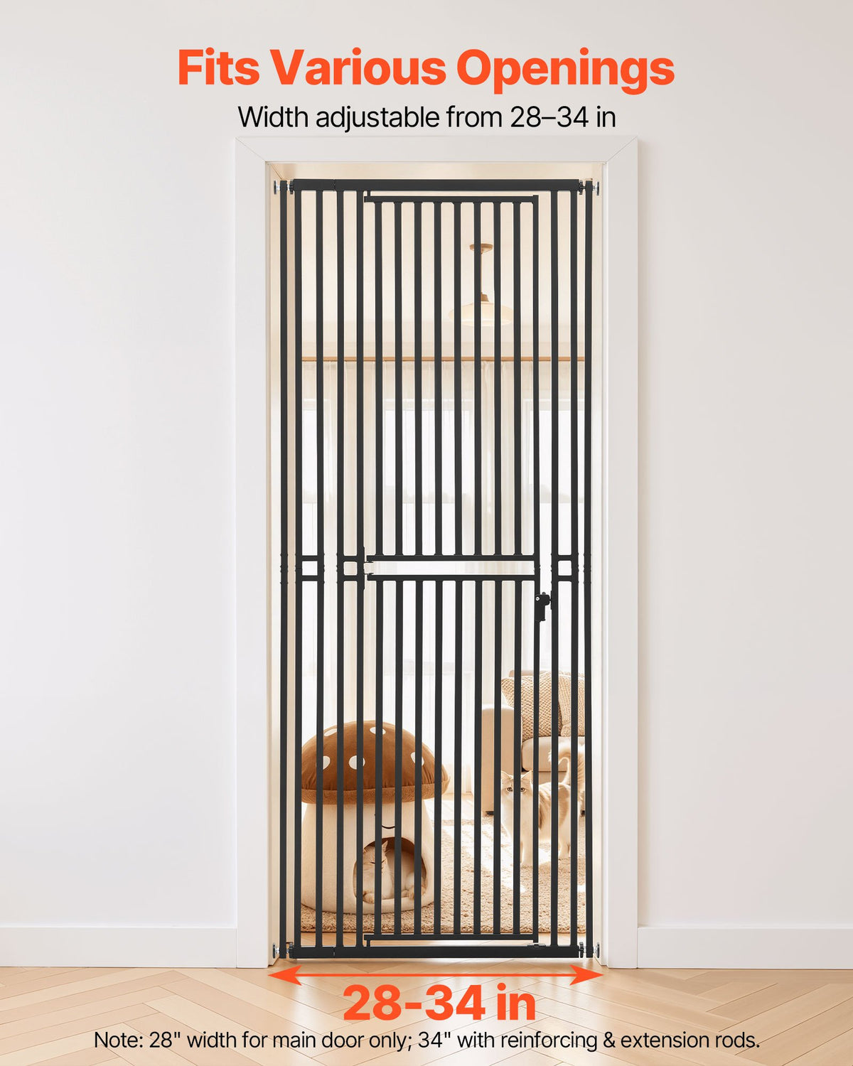 VEVOR Extra Tall Pet Gate for Cats, 700-860 mm Adjustable Width, 200 cm High Dog Gate, with Pressure Mount Kit and Wall Mount Kit, 30 mm Narrow Bar Spacing, for Stairs, Doorways, and House, Black