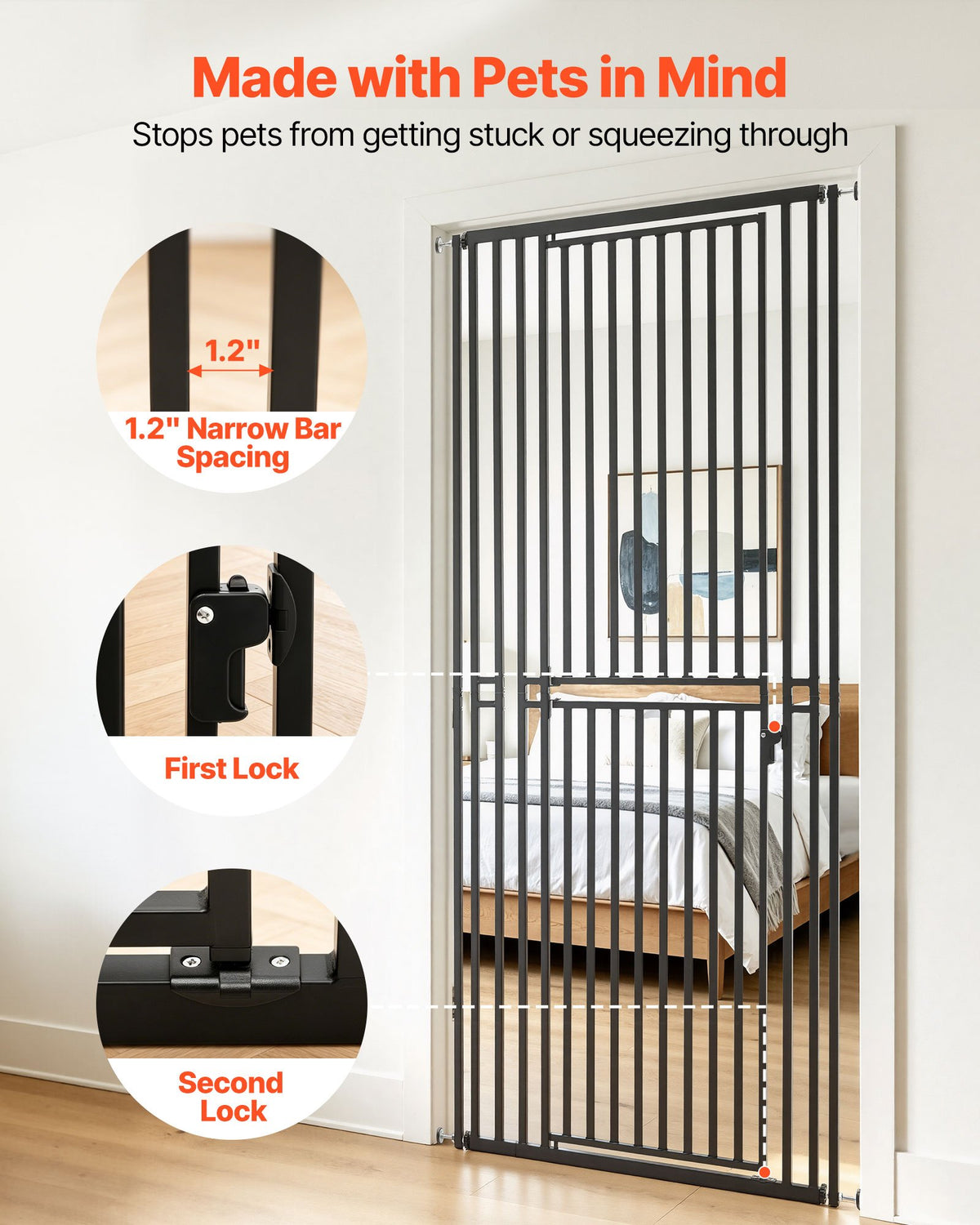 VEVOR Extra Tall Pet Gate for Cats, 700-860 mm Adjustable Width, 200 cm High Dog Gate, with Pressure Mount Kit and Wall Mount Kit, 30 mm Narrow Bar Spacing, for Stairs, Doorways, and House, Black