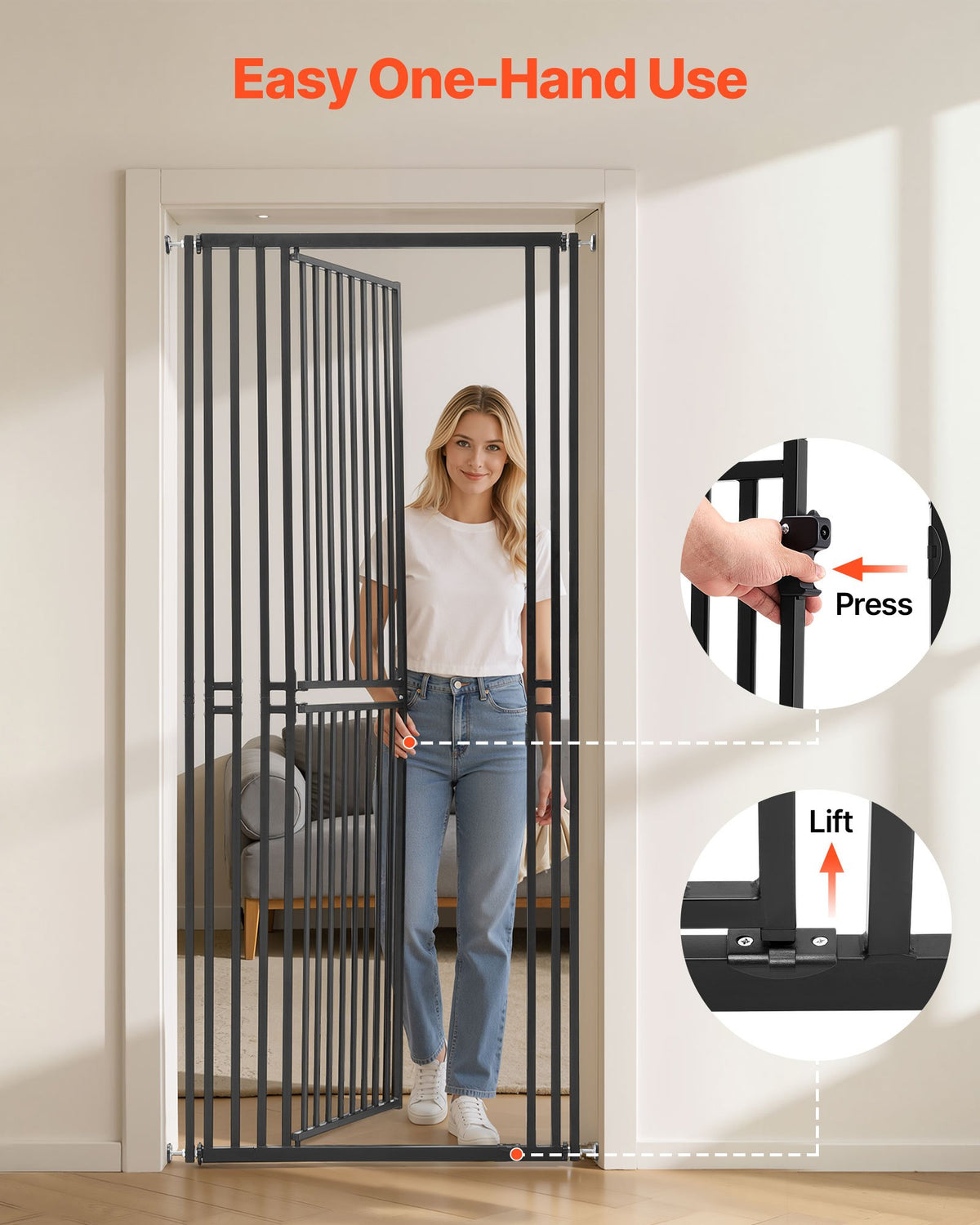 VEVOR Extra Tall Pet Gate for Cats, 700-860 mm Adjustable Width, 200 cm High Dog Gate, with Pressure Mount Kit and Wall Mount Kit, 30 mm Narrow Bar Spacing, for Stairs, Doorways, and House, Black