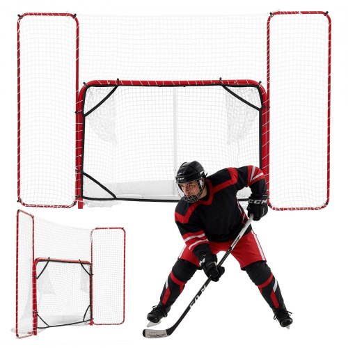 VEVOR Hockey Goal with Backstop and Targets, 307x183 cm Street Steel Hockey Goal Set, Pro Lightweight and Portable Training Equipment, Durable Net for Indoor & Outdoor Use, Easy Assembly, White/Red