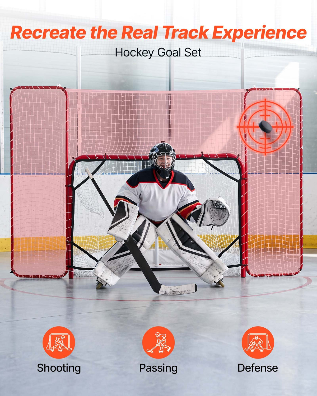VEVOR Hockey Goal with Backstop and Targets, 307x183 cm Street Steel Hockey Goal Set, Pro Lightweight and Portable Training Equipment, Durable Net for Indoor & Outdoor Use, Easy Assembly, White/Red