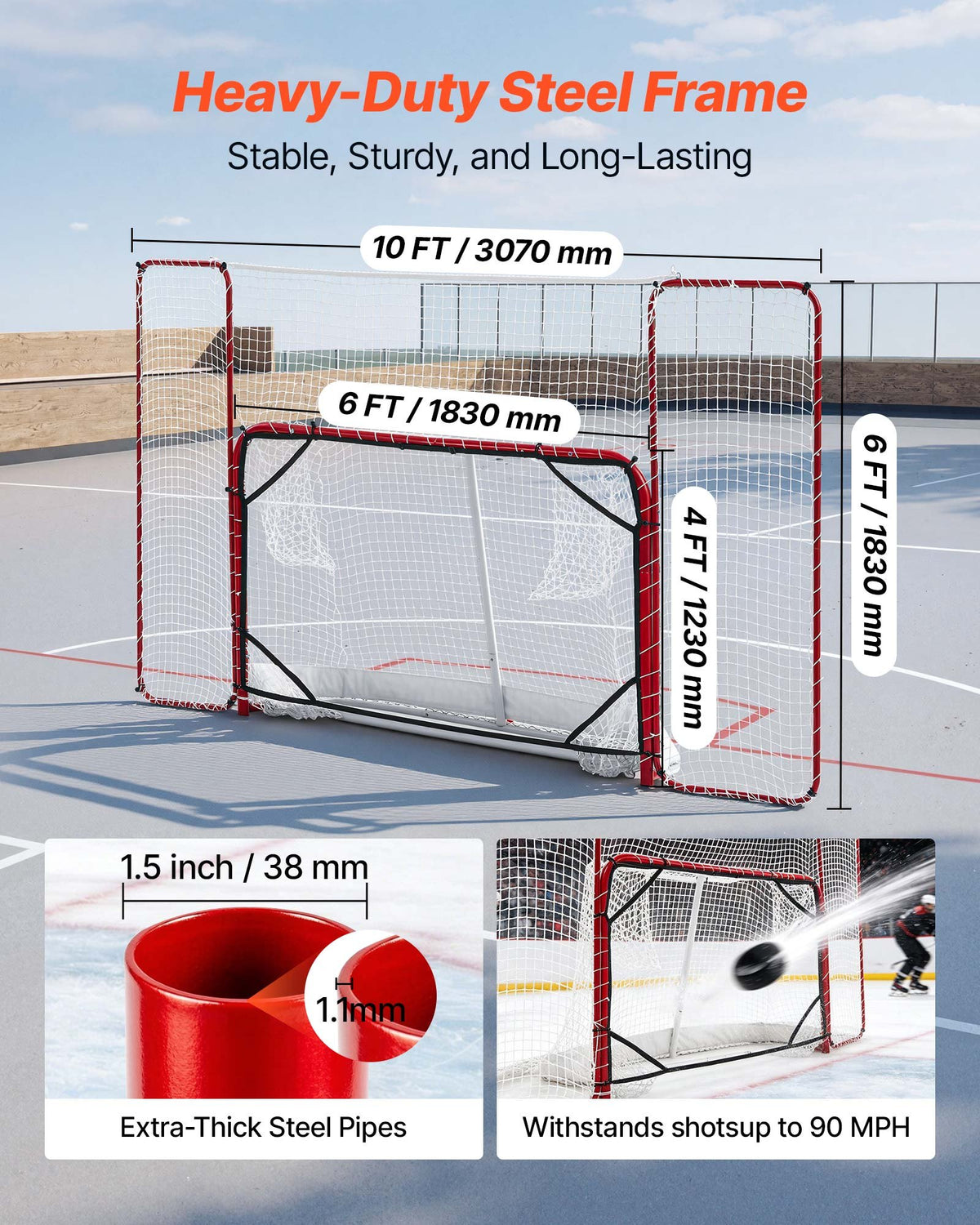 VEVOR Hockey Goal with Backstop and Targets, 307x183 cm Street Steel Hockey Goal Set, Pro Lightweight and Portable Training Equipment, Durable Net for Indoor & Outdoor Use, Easy Assembly, White/Red