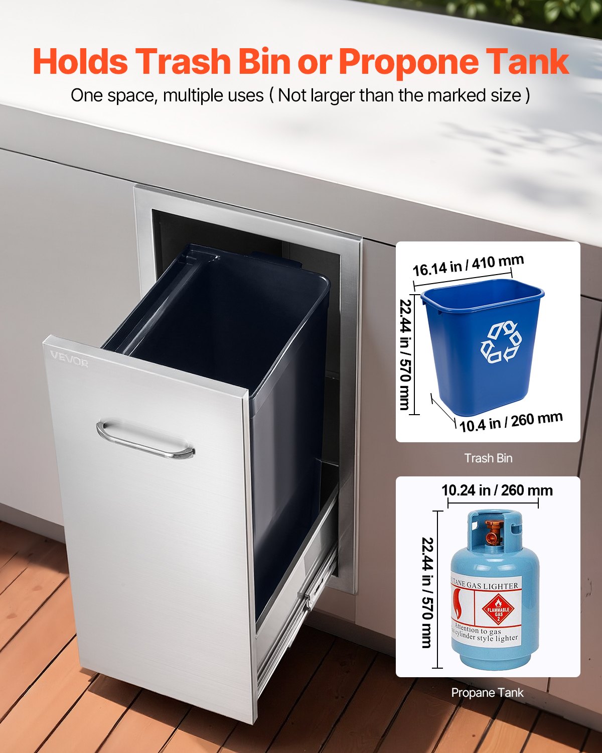 VEVOR Outdoor Kitchen Trash Drawer, 13.54"W x 19.61"D x 25.79"H Interior Storage, Multi-Purpose Outdoor Kitchen Drawers Stainless Steel, 55 lbs Max Capacity per Tier, for Outdoors BBQ Island Kitchens