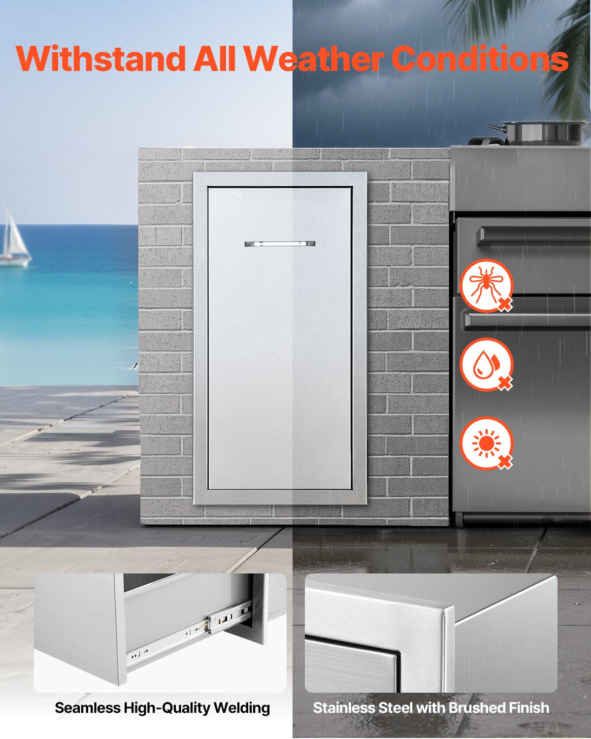 VEVOR Outdoor Kitchen Trash Drawer, 13.54"W x 19.61"D x 25.79"H Interior Storage, Multi-Purpose Outdoor Kitchen Drawers Stainless Steel, 55 lbs Max Capacity per Tier, for Outdoors BBQ Island Kitchens