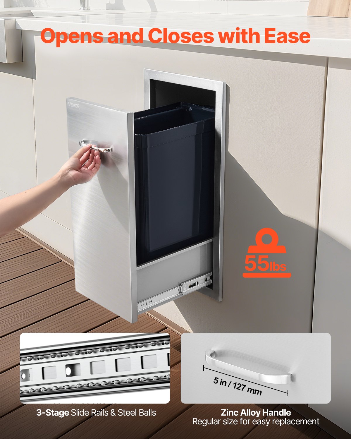 VEVOR Outdoor Kitchen Trash Drawer, 13.54"W x 19.61"D x 25.79"H Interior Storage, Multi-Purpose Outdoor Kitchen Drawers Stainless Steel, 55 lbs Max Capacity per Tier, for Outdoors BBQ Island Kitchens