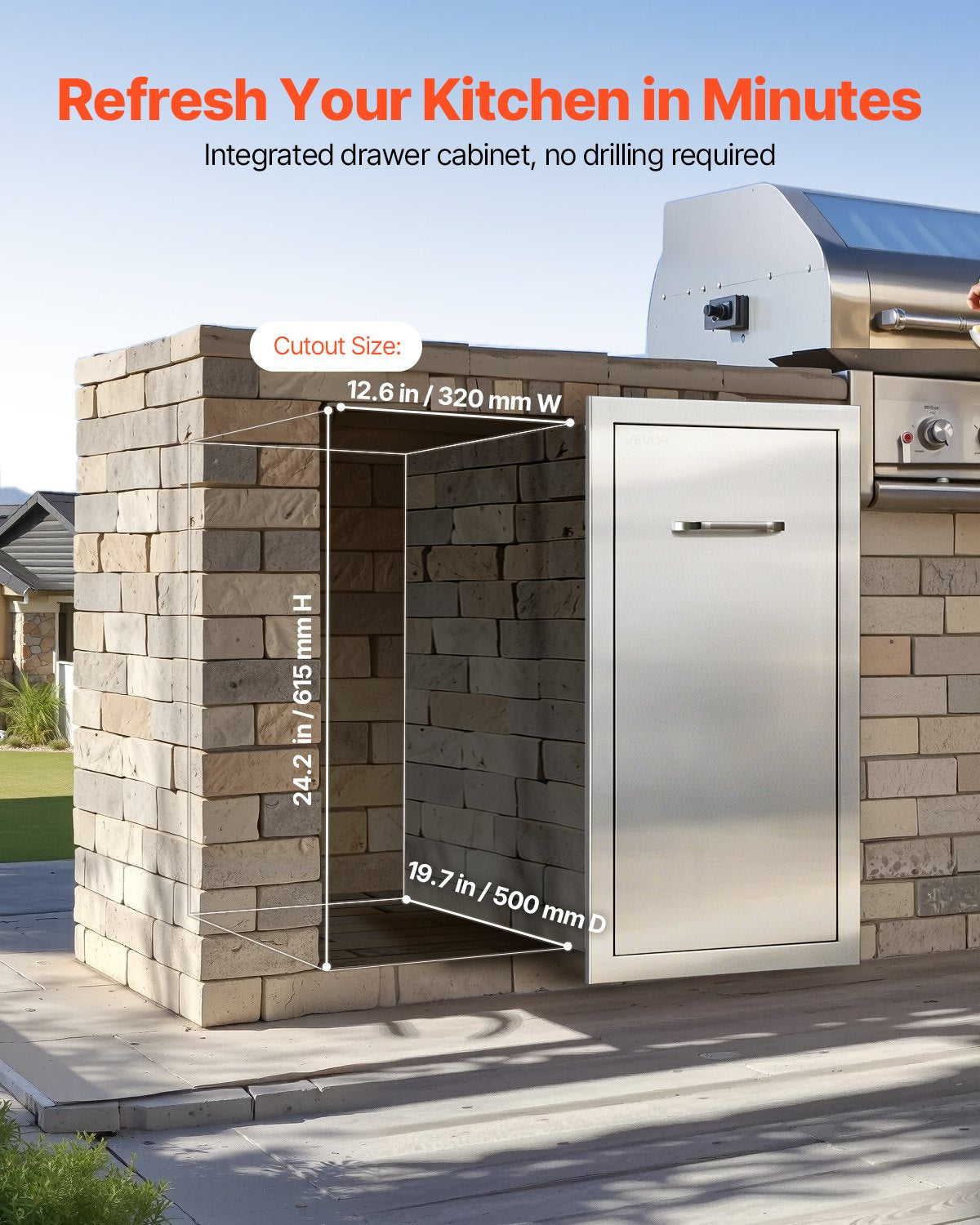 VEVOR Outdoor Kitchen Trash Drawer, 13.54"W x 19.61"D x 25.79"H Interior Storage, Multi-Purpose Outdoor Kitchen Drawers Stainless Steel, 55 lbs Max Capacity per Tier, for Outdoors BBQ Island Kitchens