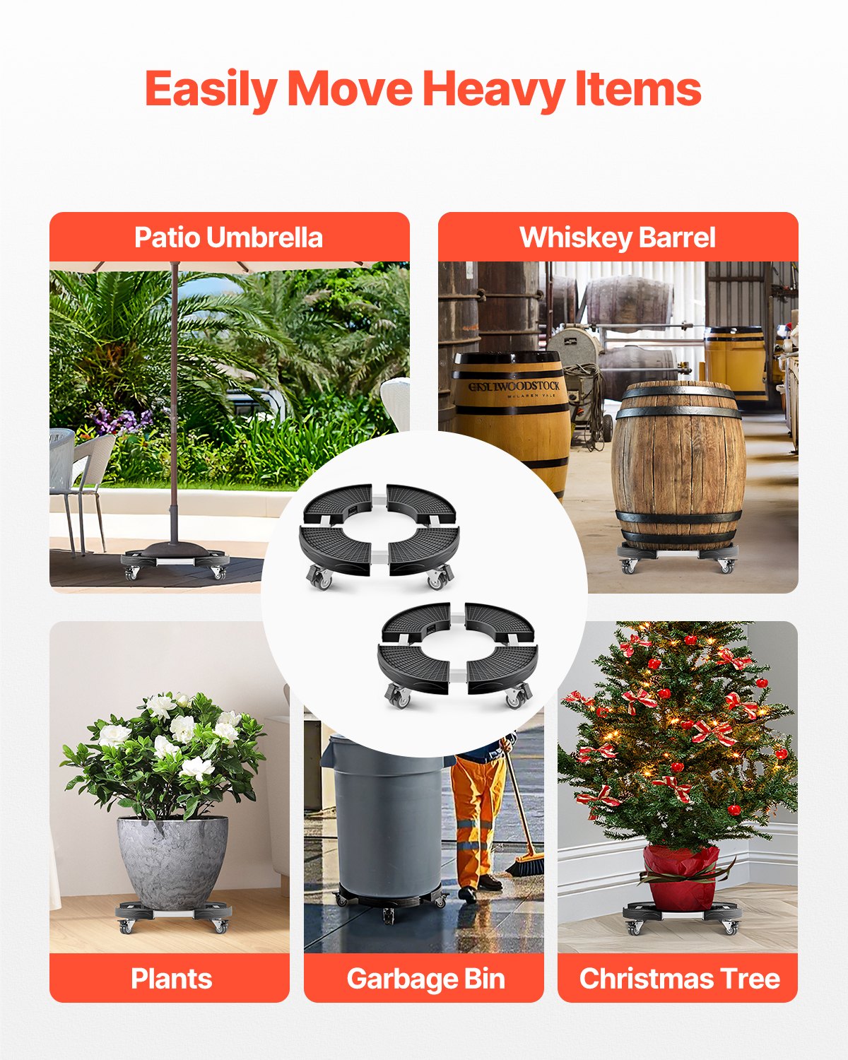 VEVOR Trash Can Dolly with 4 Lockable Wheels, 440lbs Weight Capacity, 2 Packs Round Trash Can Roller Base, 15-22.8 in Adjustable, Heavy Duty Plant Caddy, Multi-Functional Rolling Dolly Cart, Black
