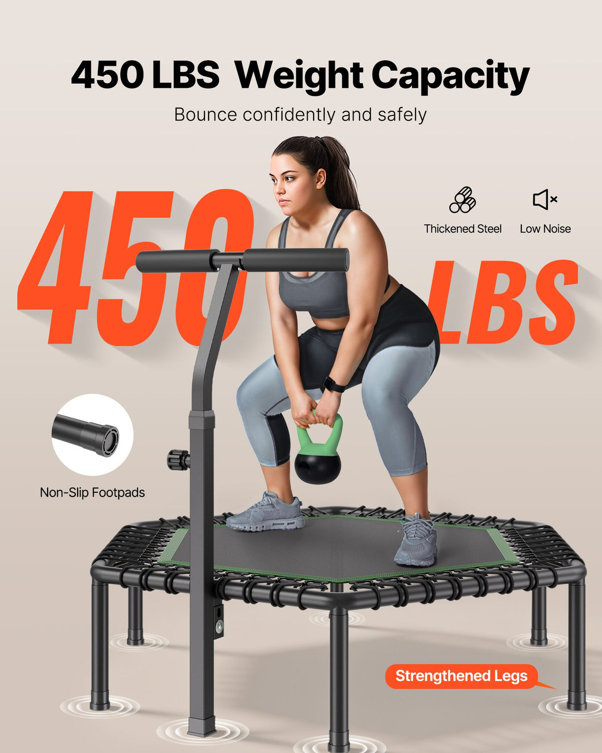 VEVOR 1385 mm Mini Trampoline, 205 kg Max Load Fitness Rebounder, Stable & Quiet Small Trampoline with 3 Levels Height Adjustable & Foam Handle, Exercise Rebounder for Adults Indoor/Garden Workout