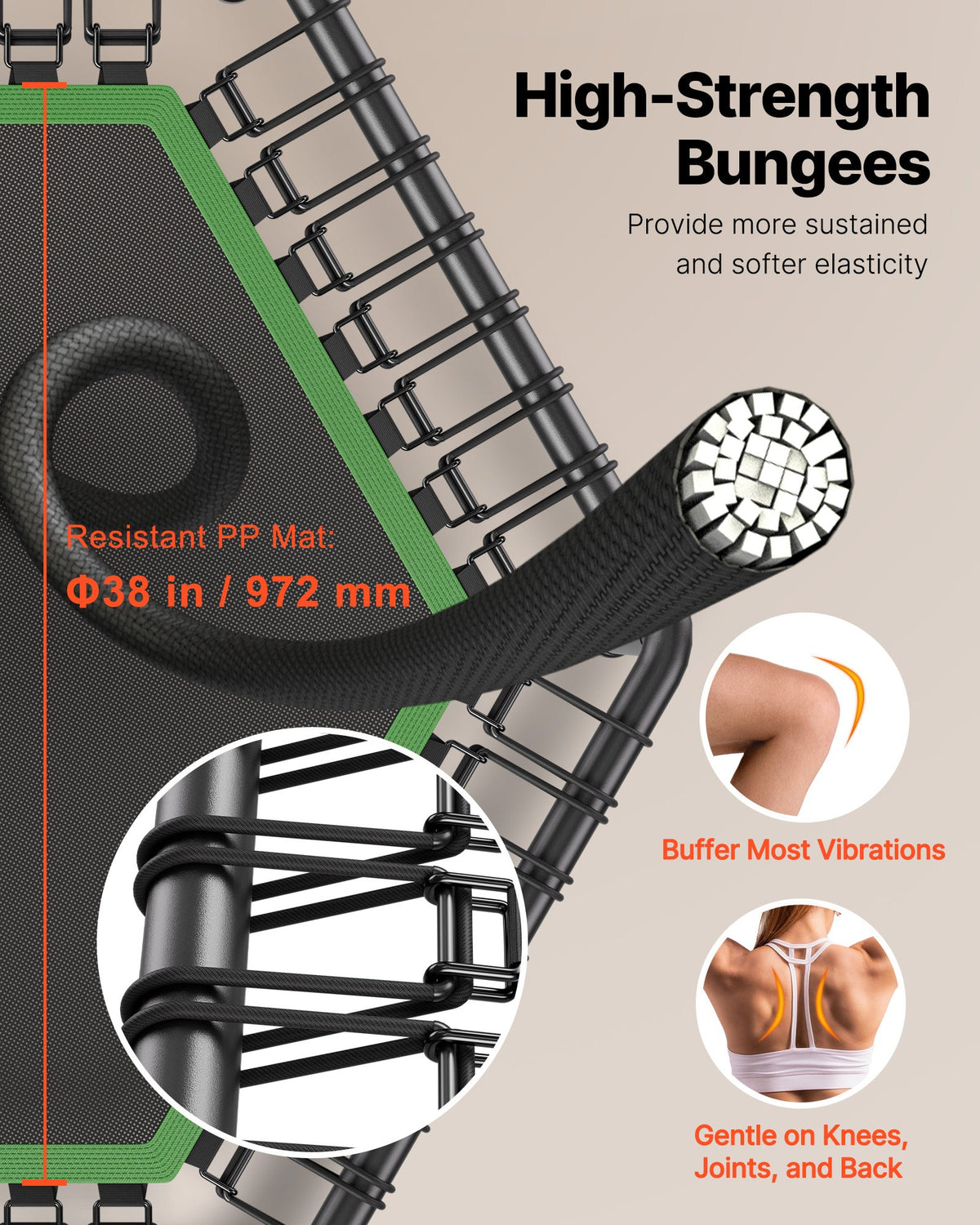 VEVOR 1385 mm Mini Trampoline, 205 kg Max Load Fitness Rebounder, Stable & Quiet Small Trampoline with 3 Levels Height Adjustable & Foam Handle, Exercise Rebounder for Adults Indoor/Garden Workout
