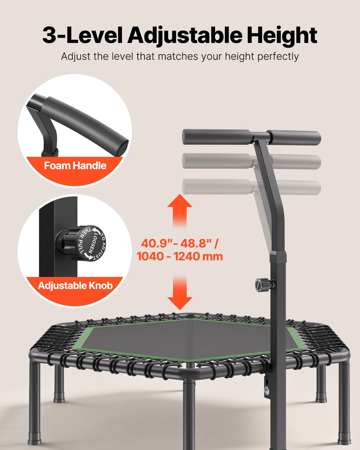 VEVOR 1385 mm Mini Trampoline, 205 kg Max Load Fitness Rebounder, Stable & Quiet Small Trampoline with 3 Levels Height Adjustable & Foam Handle, Exercise Rebounder for Adults Indoor/Garden Workout