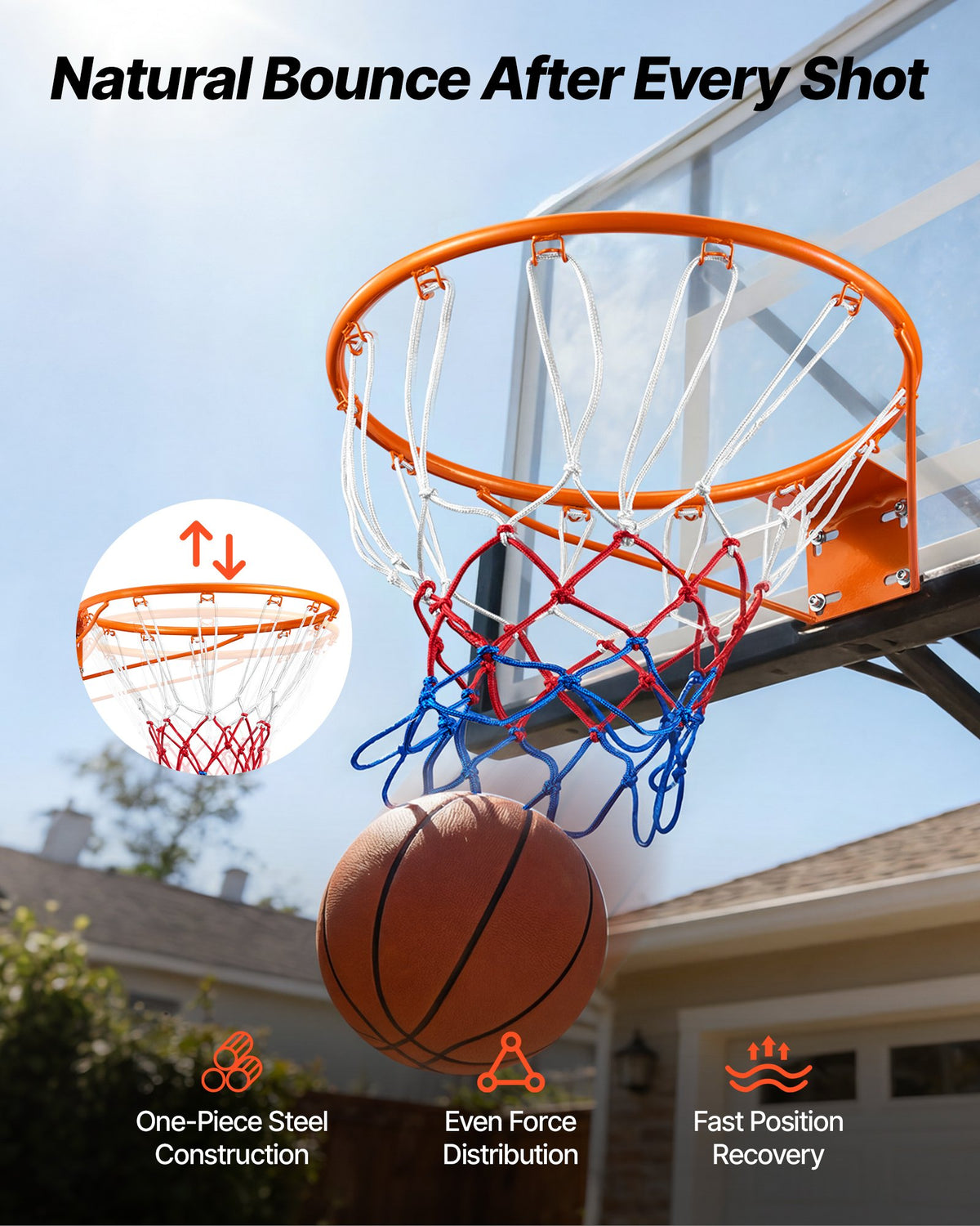 VEVOR Basketball Rim, Wall Door Mounted Basketball Hoop, Heavy Duty Q235 Basketball Flex Rim Goal Replacement with Net, Standard 18" Indoor and Outdoor Hanging Basketball Hoop for Kids Adults