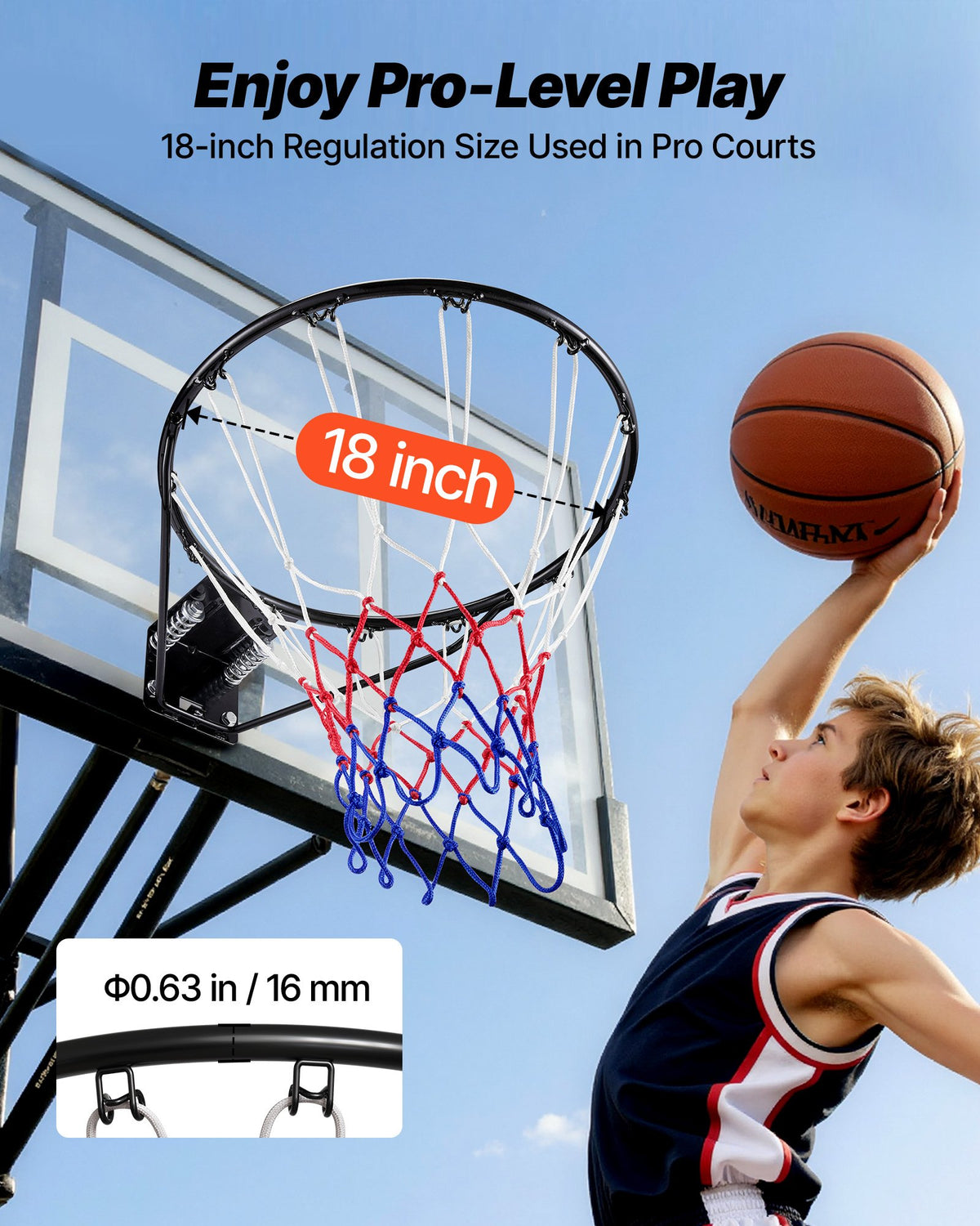 VEVOR Basketball Rim, Wall Door Mounted Basketball Hoop, Heavy Duty Q235 Basketball Flex Rim Goal Replacement with Net and Double Spring, Standard 18" Indoor Outdoor Hanging Hoop for Kids Adults